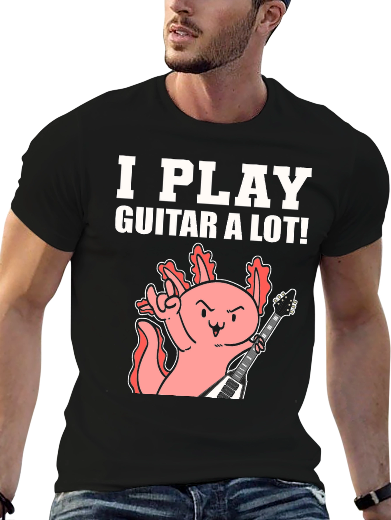 Black I Play Guitar A Lot! Axolotl Musician Graphic Tee view 6