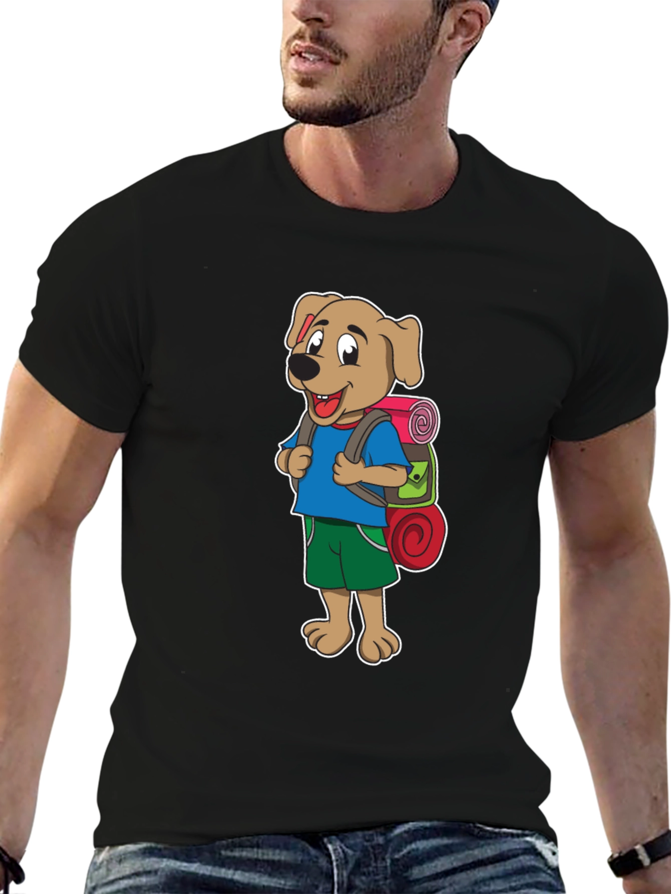 Black Dog Hiker Cartoon Black T-Shirt view 6