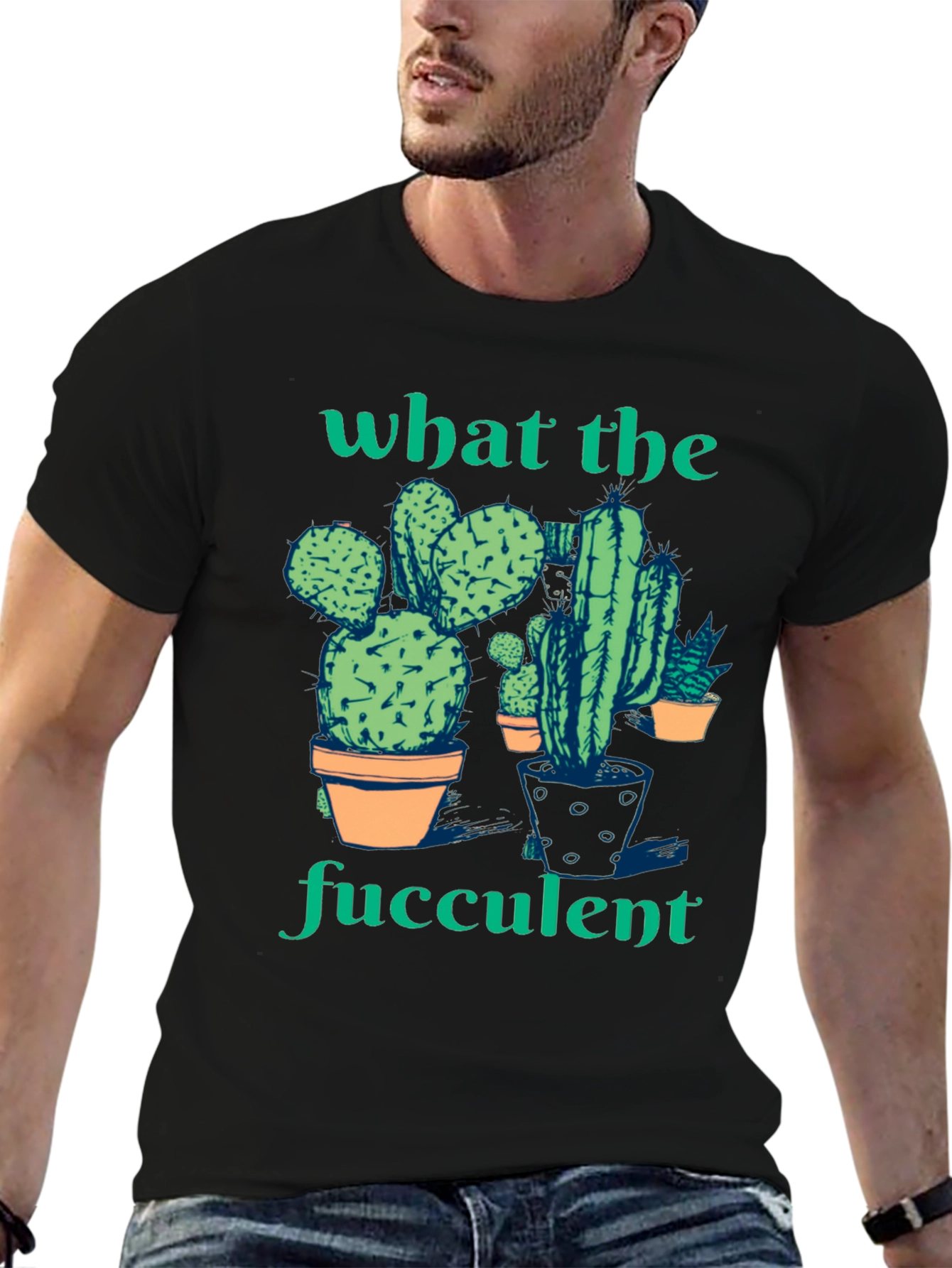 Black What the Fucculent Cactus Humor Graphic T-Shirt view 6