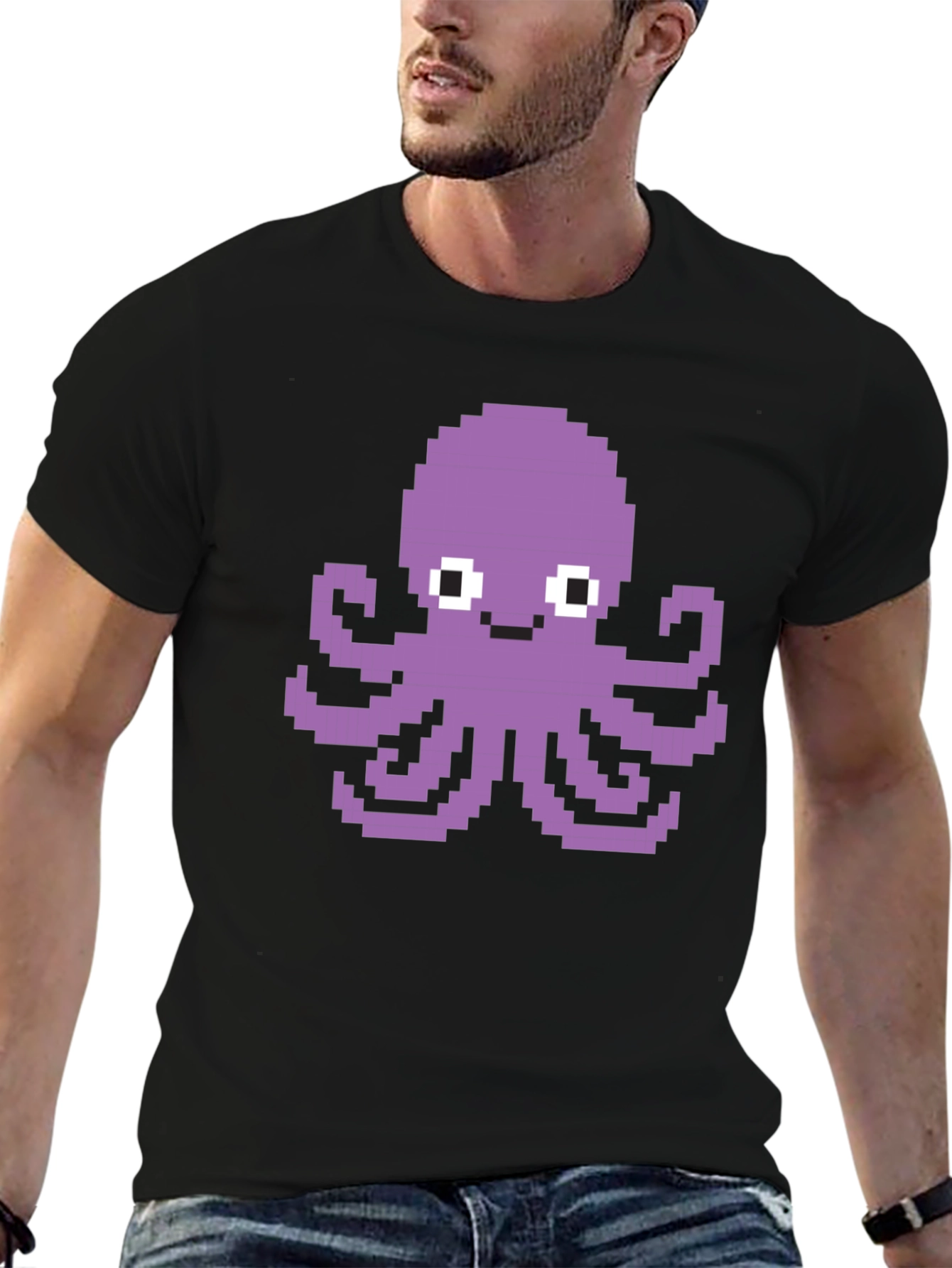 Black Pixel Octopus Graphic Tee - Black Cotton T-Shirt view 6