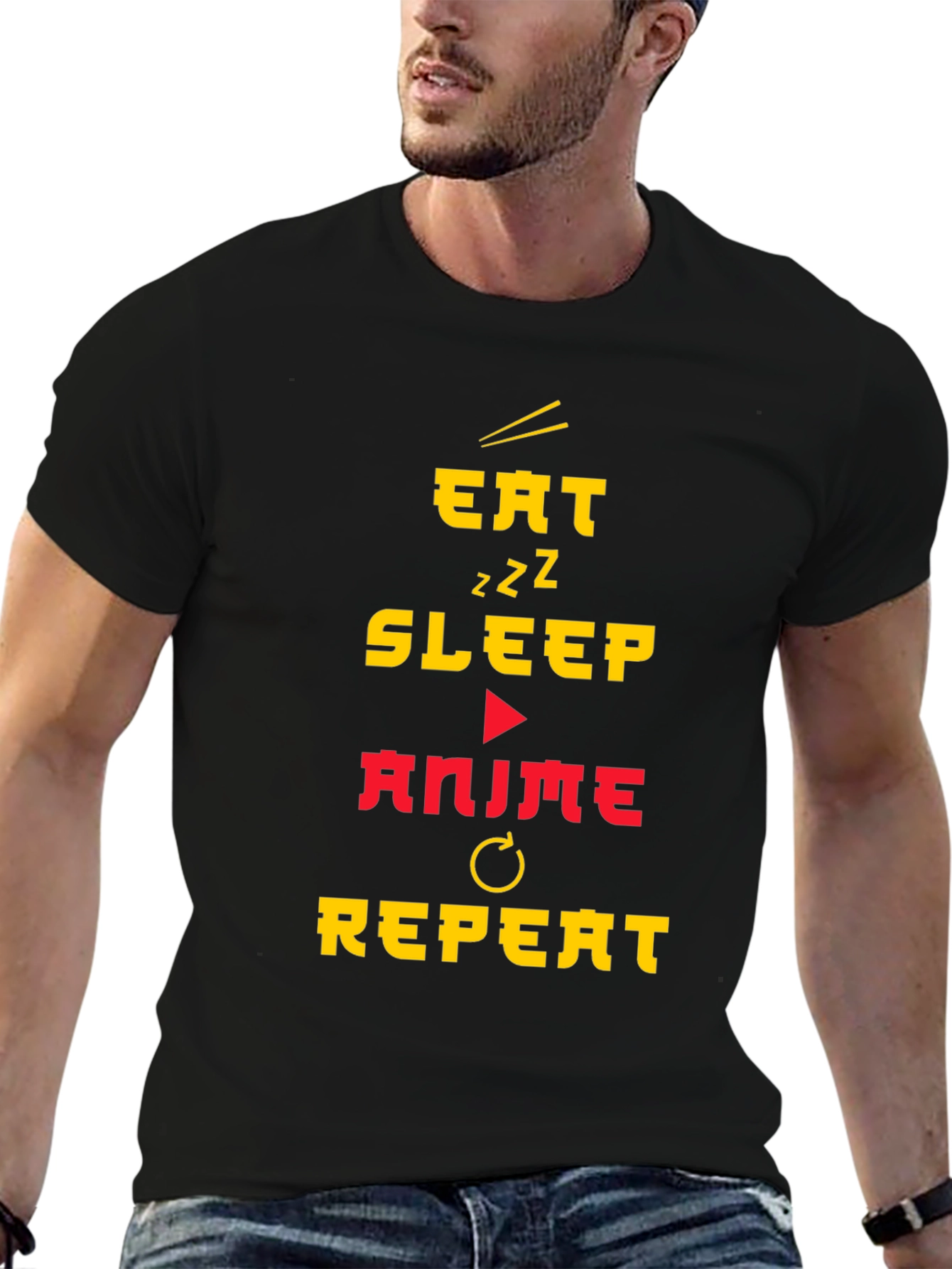 Black Eat Sleep Anime Repeat Black T-Shirt view 6