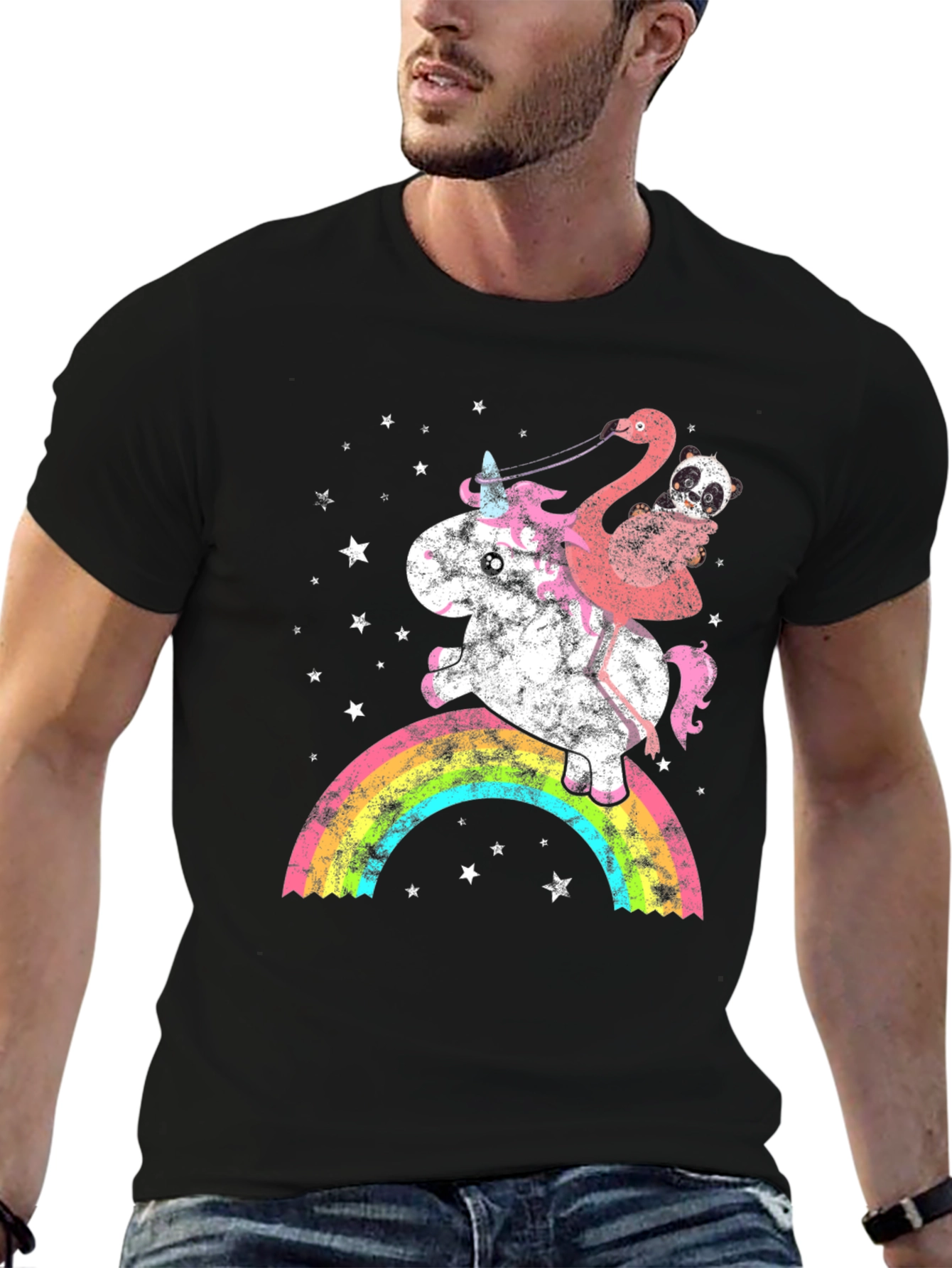 Black Unicorn, Flamingo, & Panda Rainbow Graphic Tee view 6