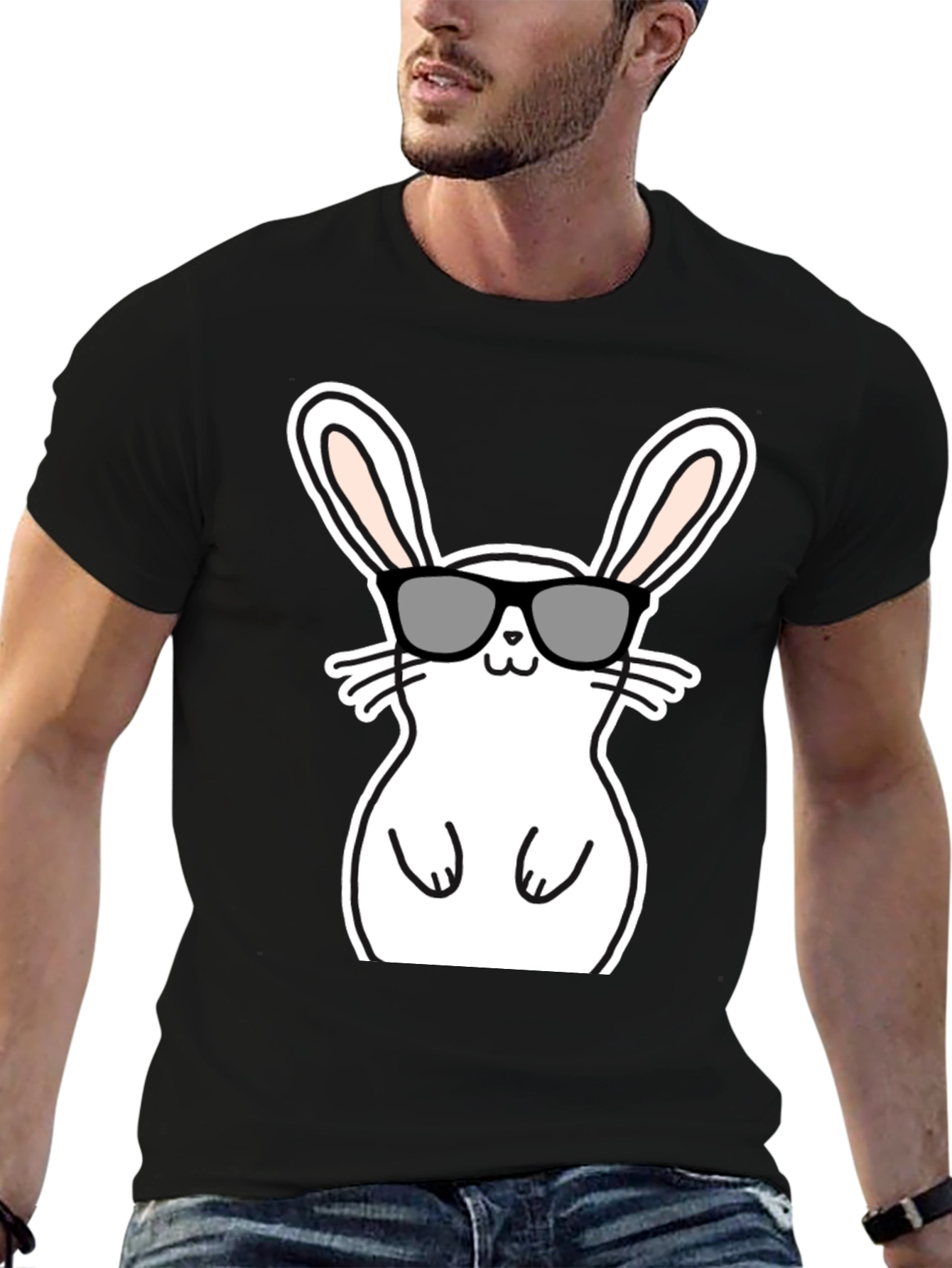 Black Cool Bunny Graphic Tee - Black Cotton Blend view 6