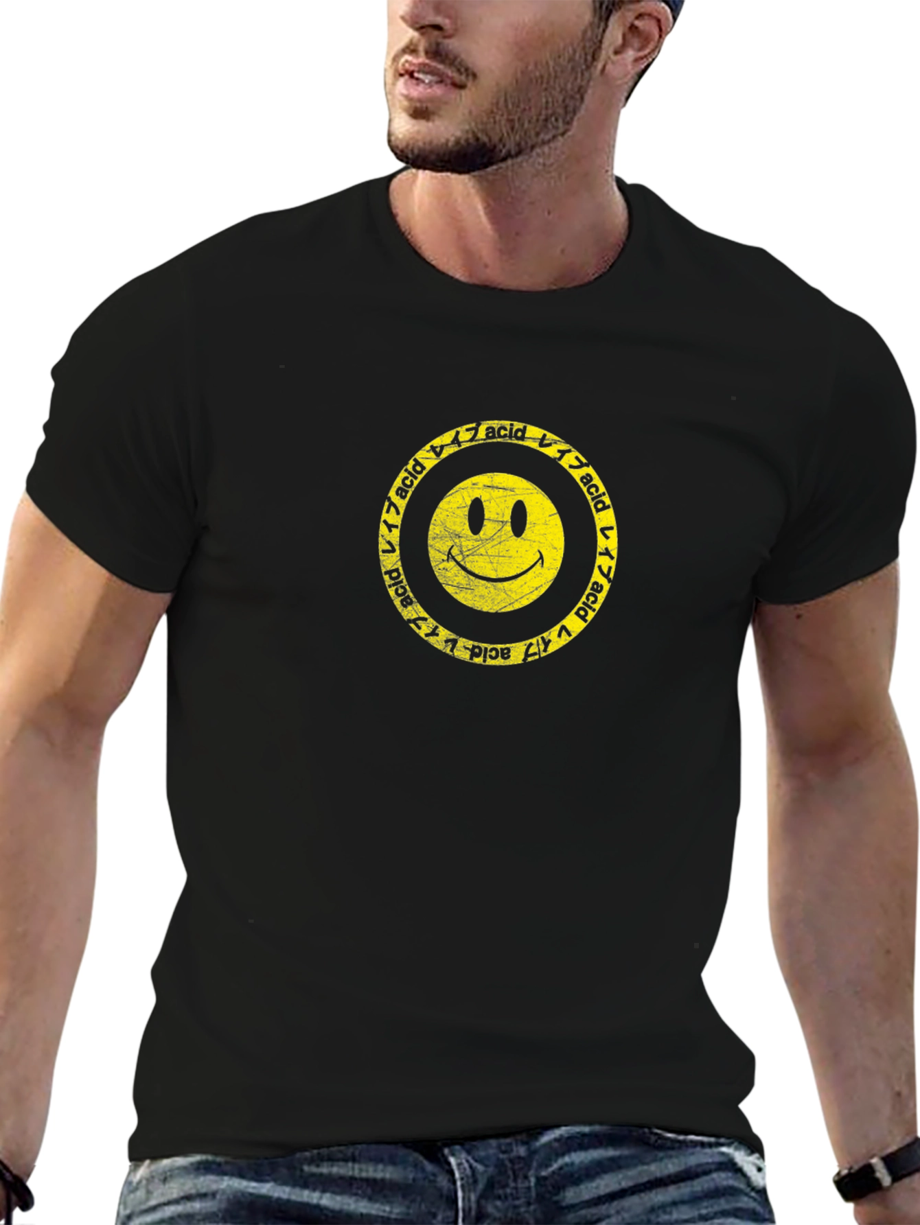 Black Acid Smiley Face Graphic Tee - Retro Style view 6