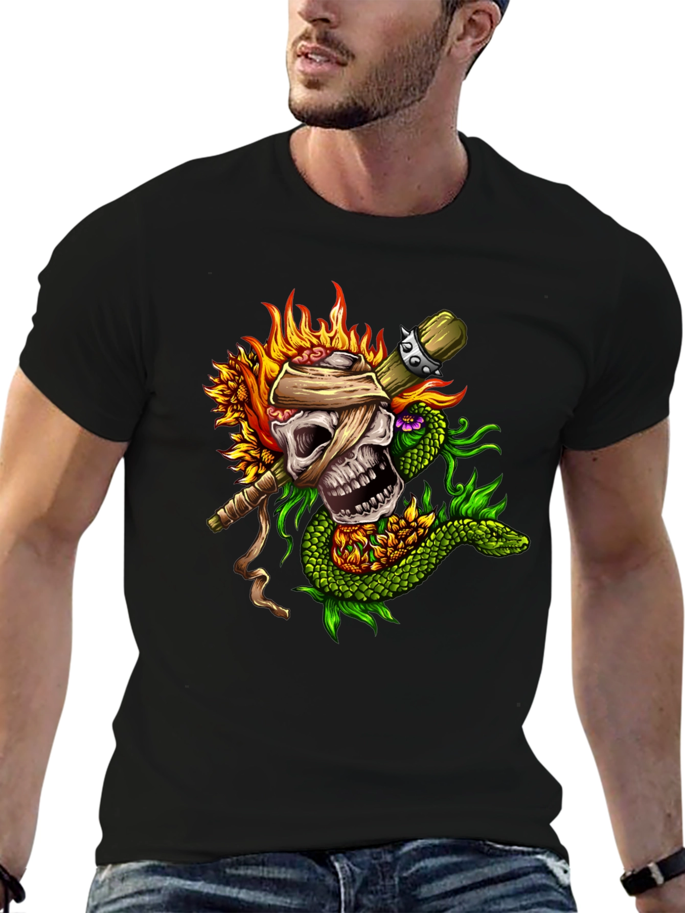 Black Skull & Snake Graphic Tee - Unique Tattoo Style view 6