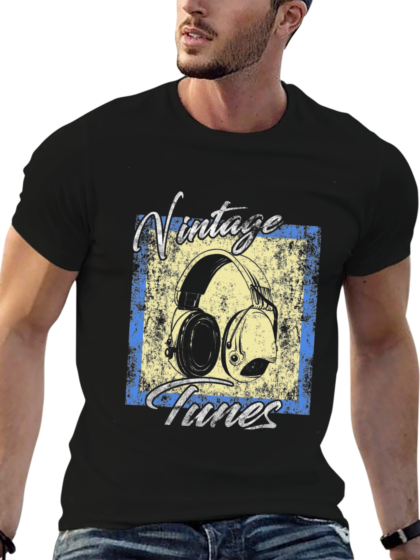 Black Vintage Tunes Graphic Tee - Black Cotton T-Shirt view 6