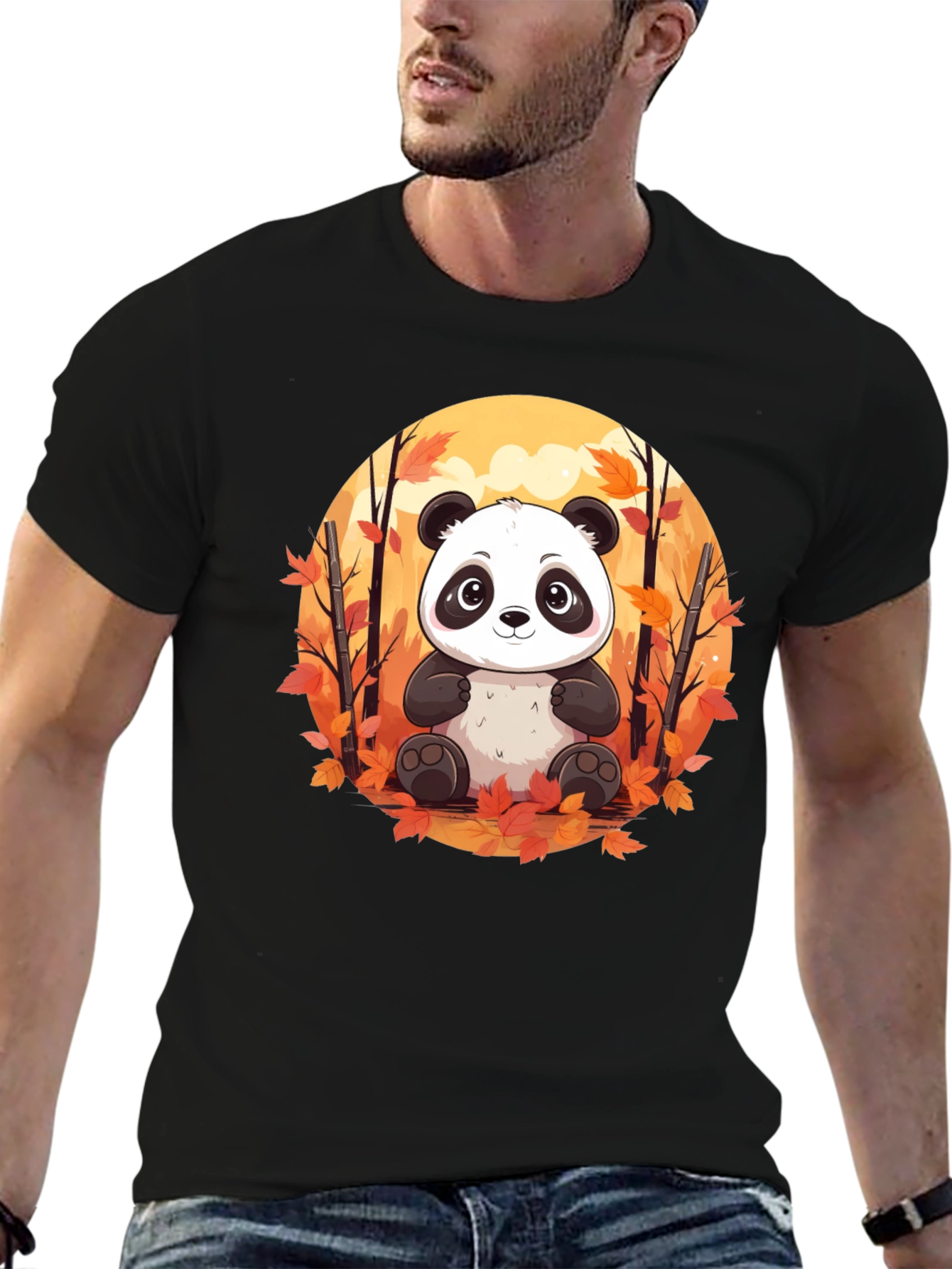 Black Panda Autumn Leaves Black T-Shirt view 6