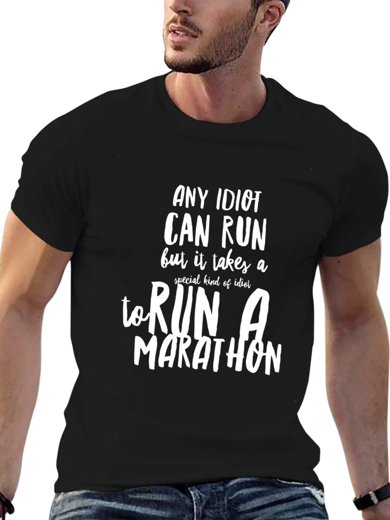 Black Any Idiot Can Run Marathon T-Shirt Funny Slogan Tee view 6