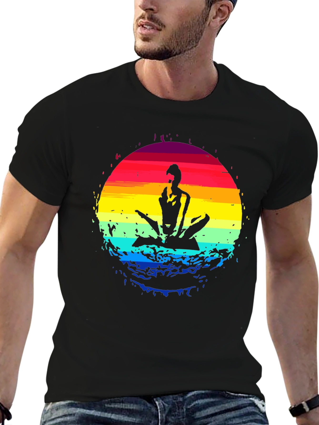 Black Yoga Sunset Graphic Tee - Black Cotton Blend Shirt view 6