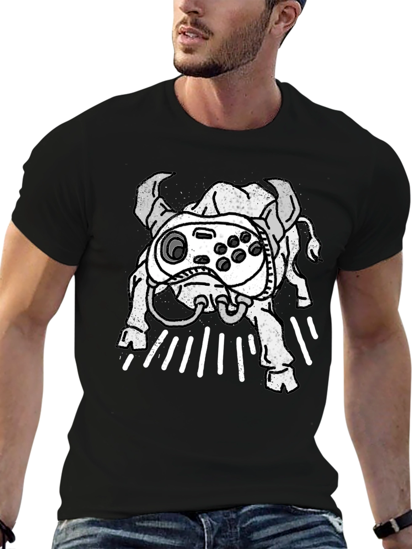 Black Gamer Bull Graphic Tee - Black Cotton Blend T-Shirt view 6
