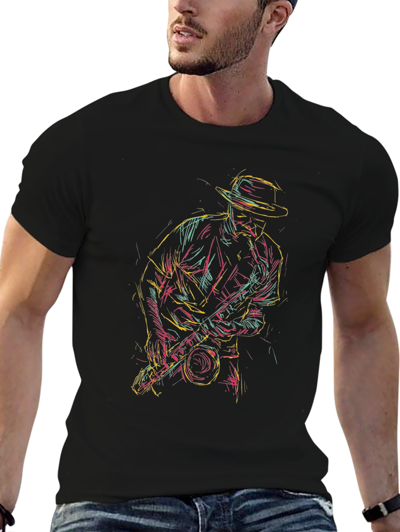 Black Cool Jazz Saxophone T-Shirt - Black Graphic Tee view 6
