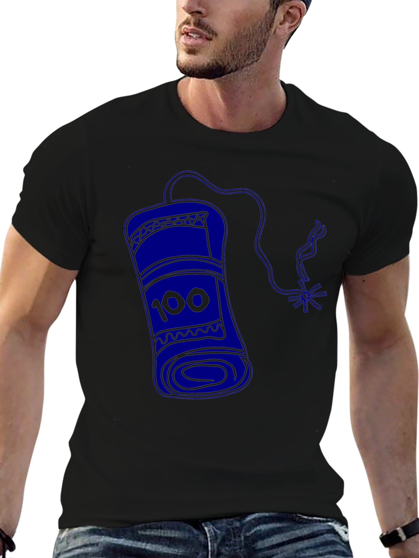 Black Men's Black T-Shirt with Blue Dynamite Graphic view 6