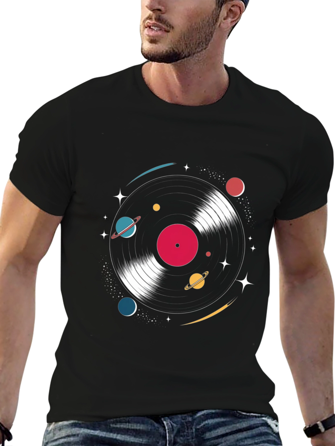 Black Retro Vinyl Record Space T-Shirt view 6