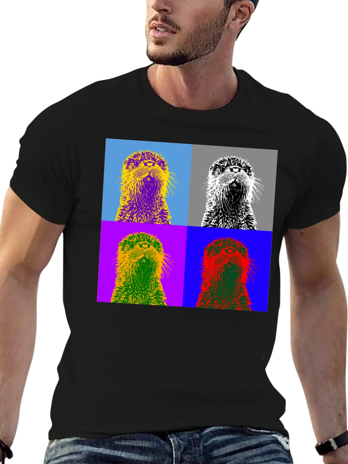 Black Pop Art Otter Graphic Tee - Black Cotton T-Shirt view 6