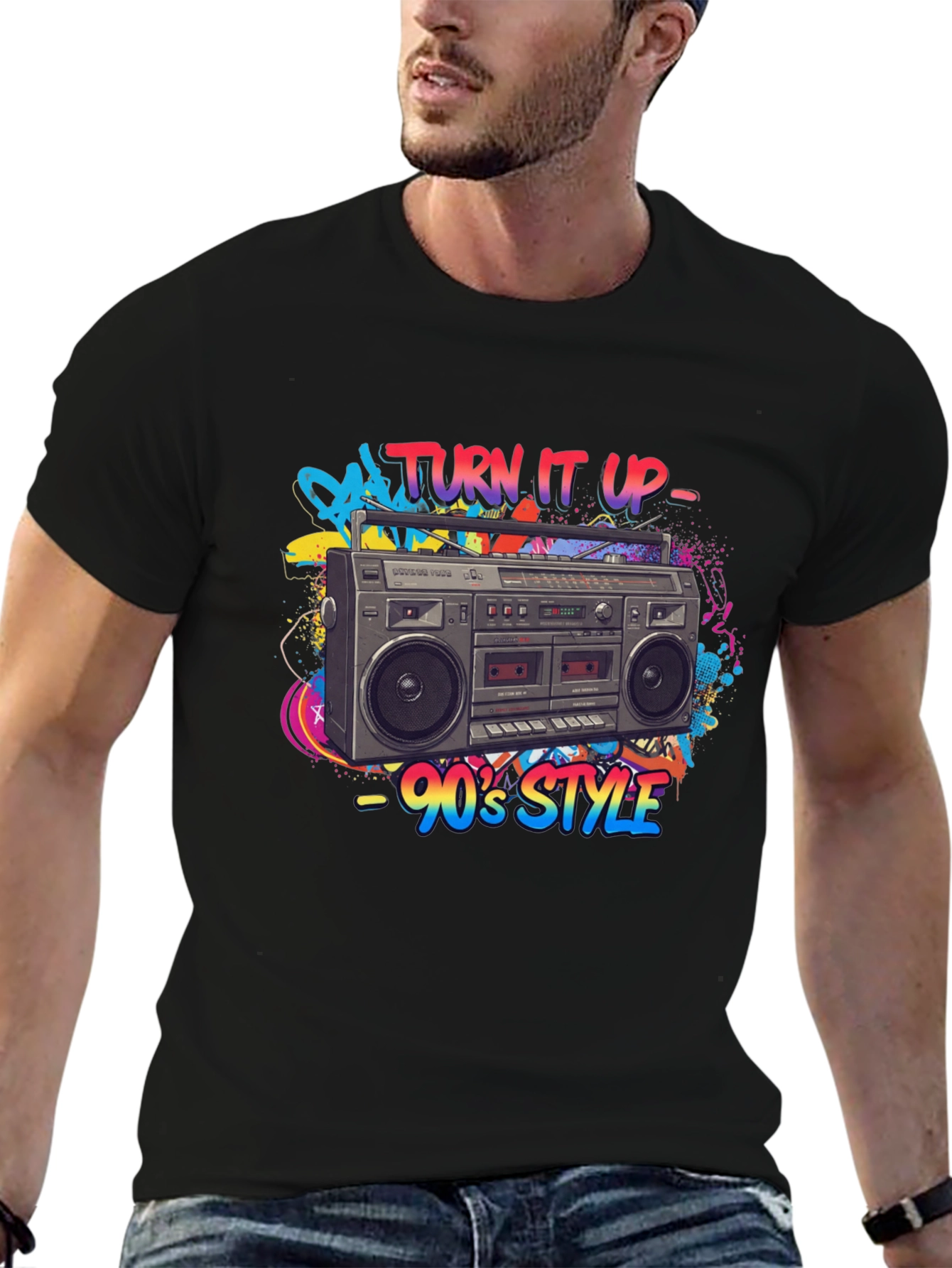 Black 90's Style Boombox Graphic Tee - Turn It Up! view 6