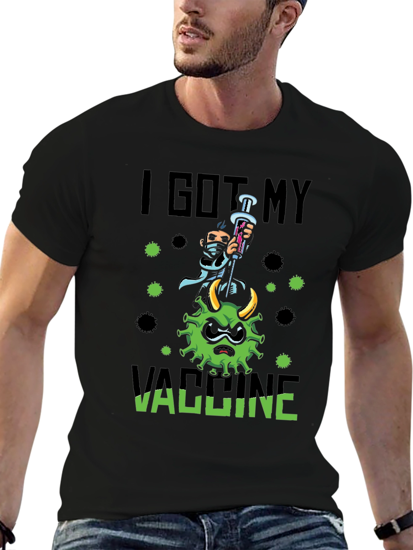 Black I Got My Vaccine T-Shirt - Funny Cartoon Virus Graphic view 6