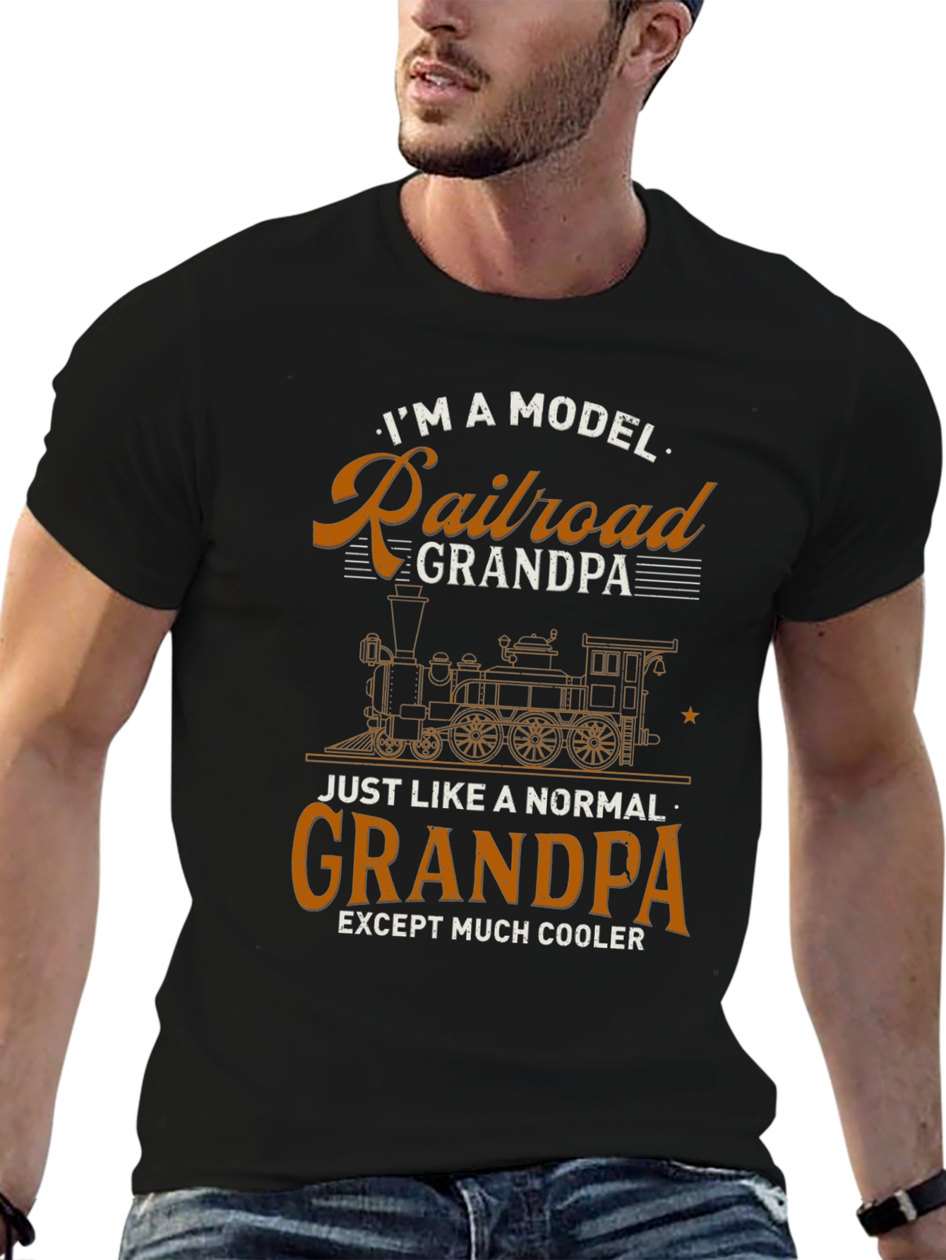 Black Model Railroad Grandpa Novelty T-Shirt view 6