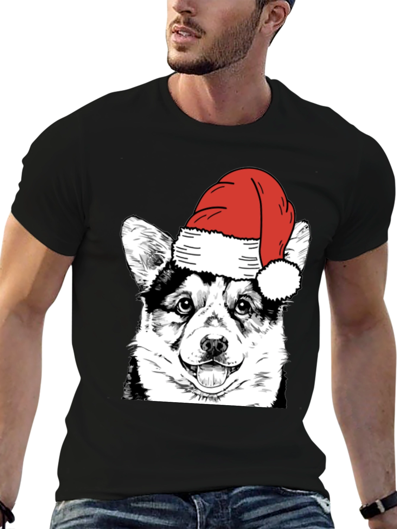 Black Festive Corgi Santa Hat Black T-Shirt view 6