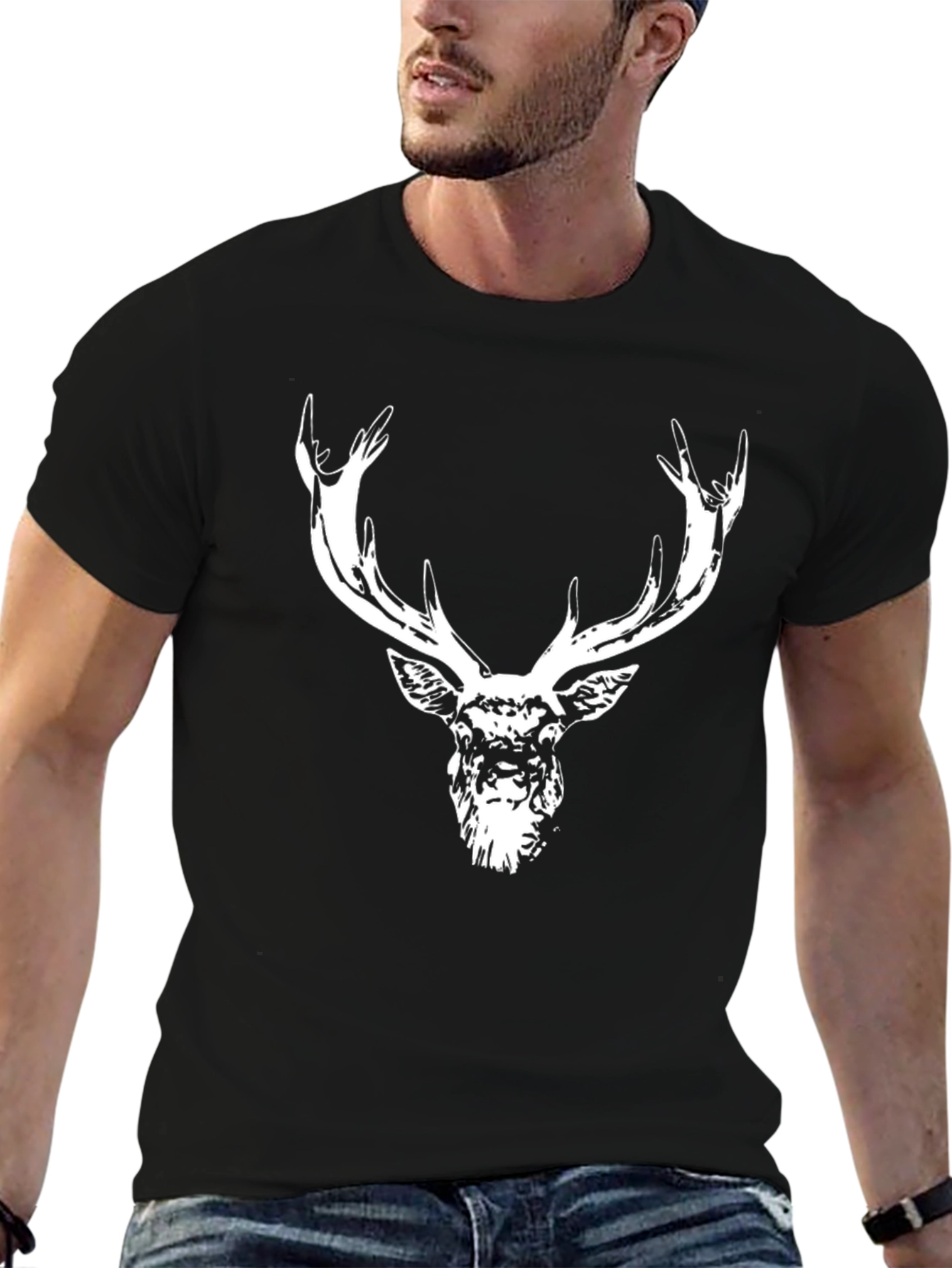 Black Deer Head Graphic Tee - Black Cotton Blend view 6