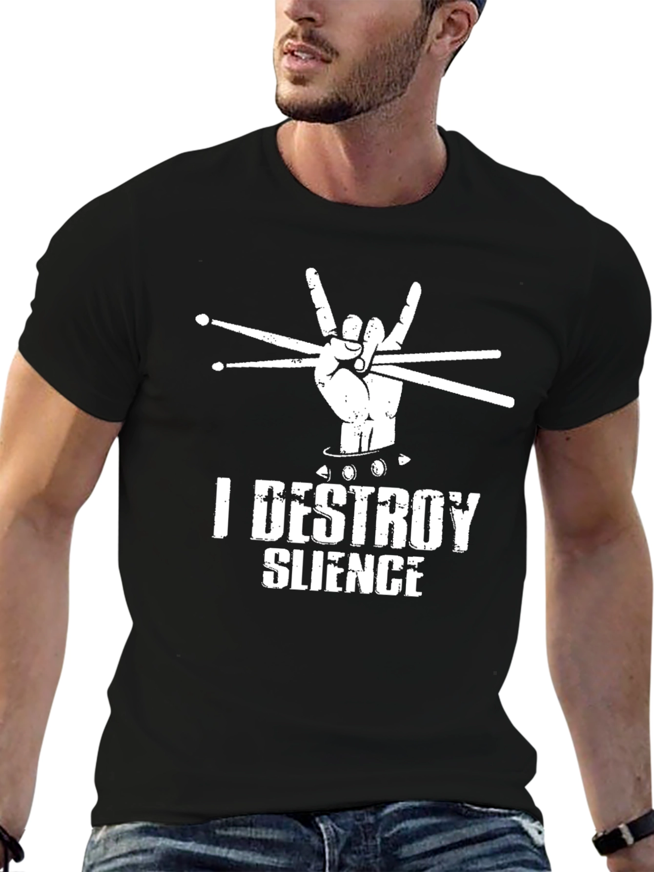 Black I Destroy Silence Drummer Graphic Tee view 6