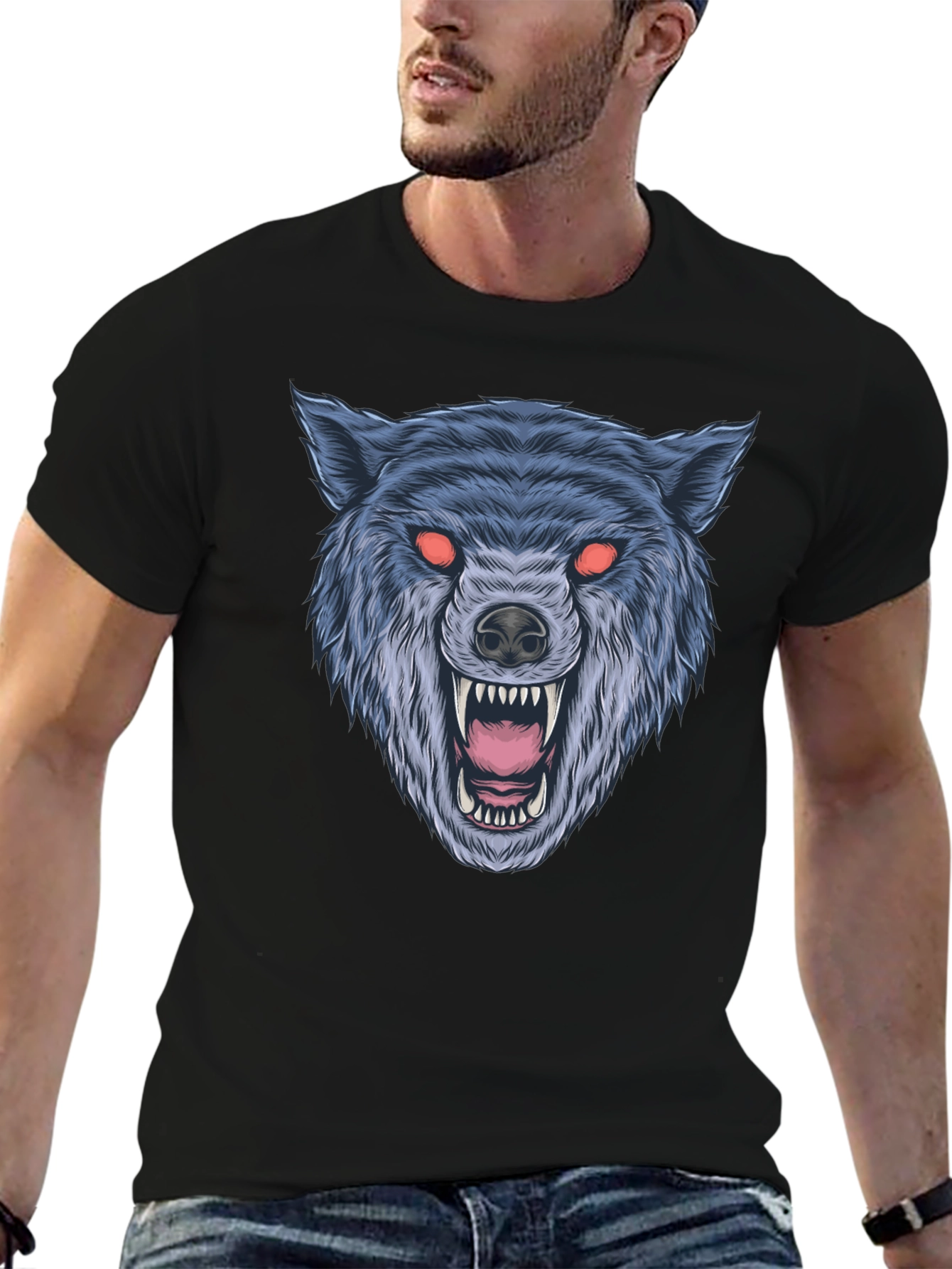 Black Men's Black Wolf Graphic T-Shirt view 6