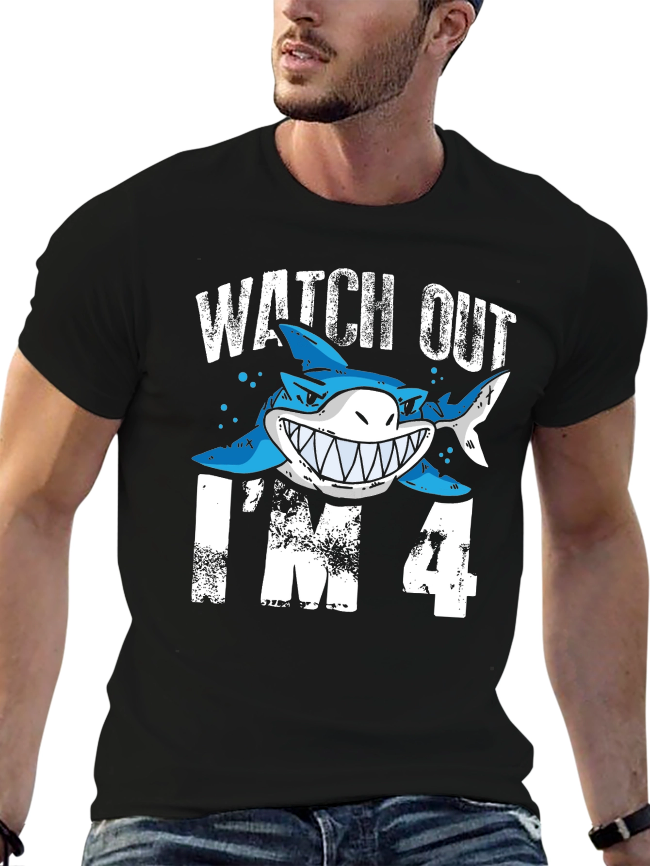 Black Watch Out I'm 4 Shark Birthday T-Shirt view 6