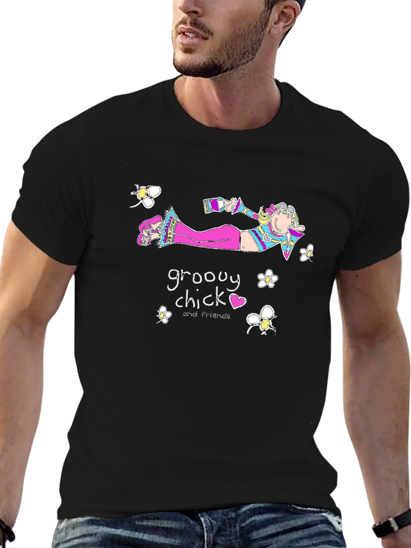 Black Groovy Chick Tee - Quirky Cartoon T-Shirt view 6