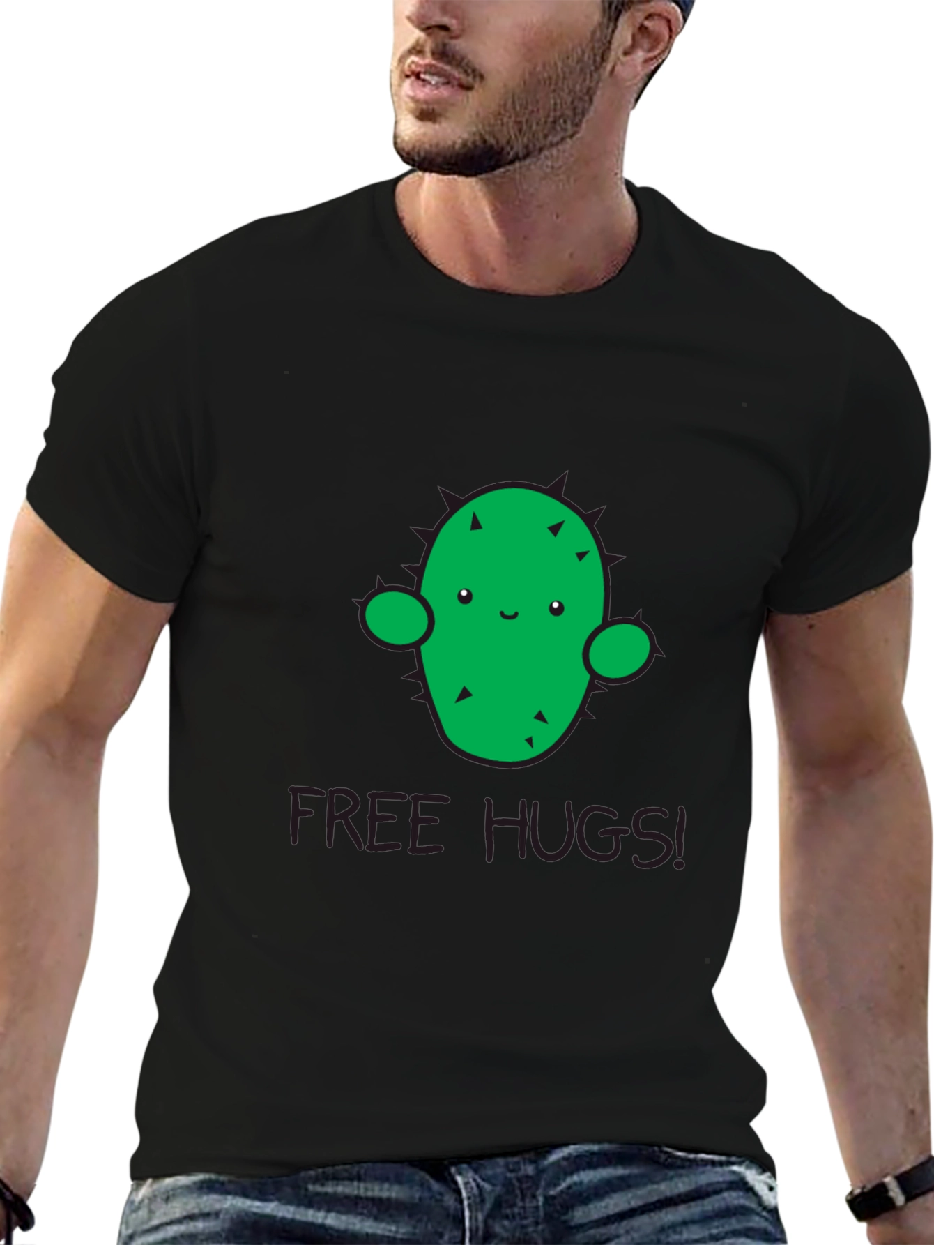 Black Cute Cactus 'Free Hugs' Graphic T-Shirt - Unisex view 6