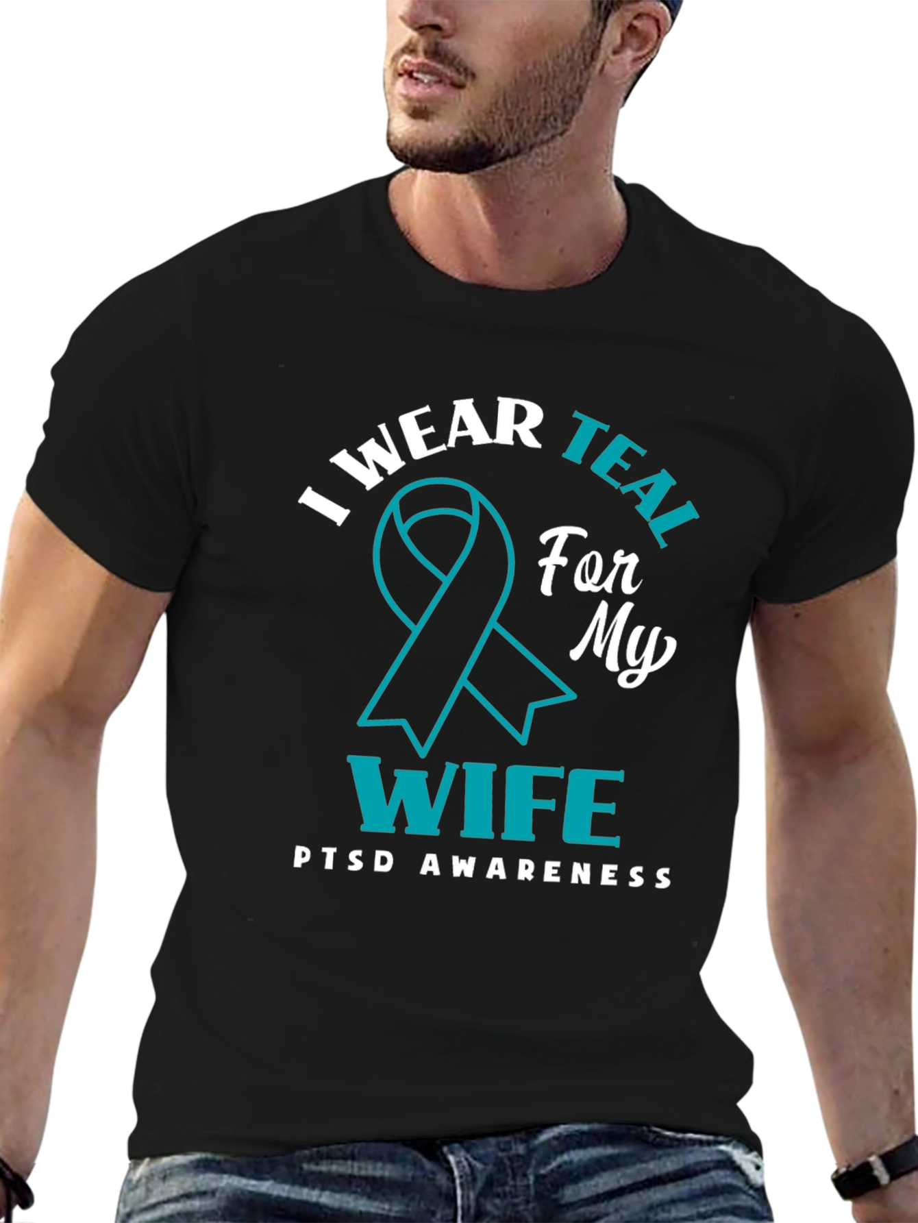 Black PTSD Awareness T-Shirt: I Wear Teal For My Wife view 6