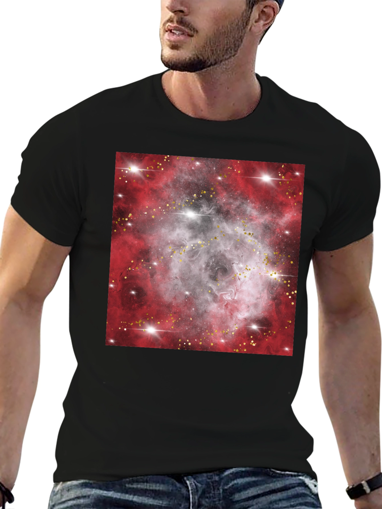 Black Galaxy Nebula Print Black T-Shirt view 6