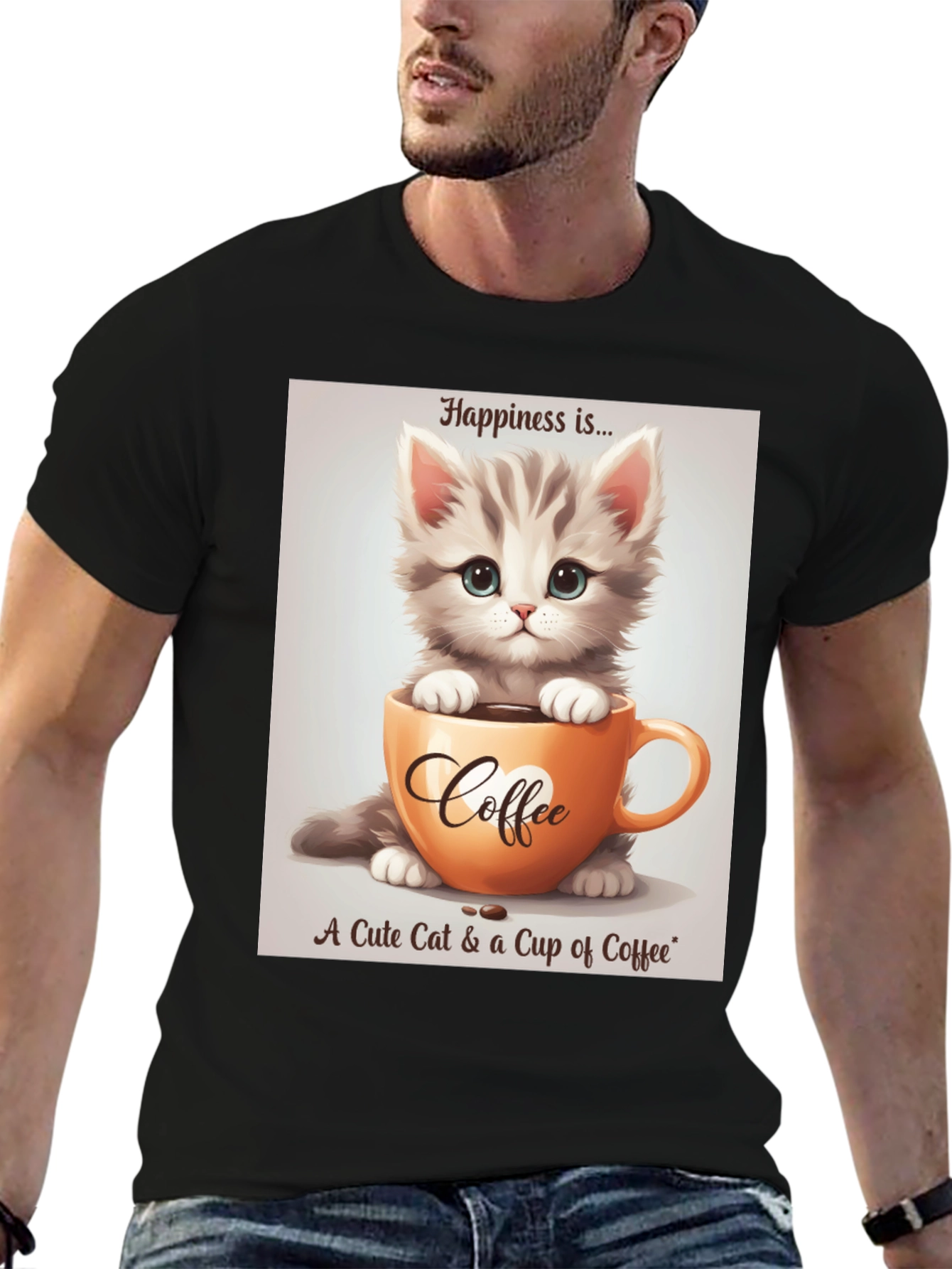 Black Cute Kitten and Coffee T-Shirt - Happiness Is... view 6