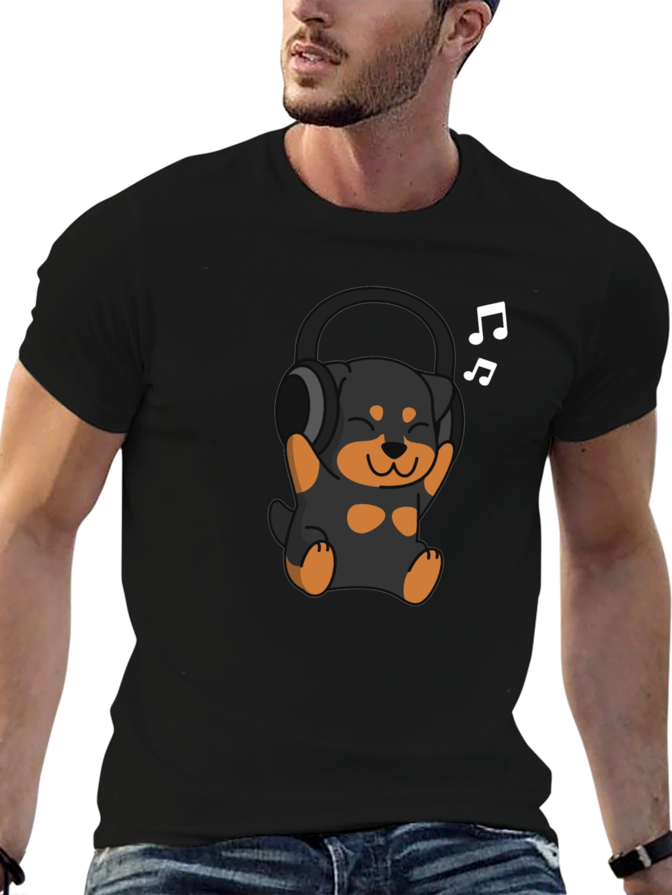 Black Rottweiler Puppy Headphones Black T-Shirt view 6