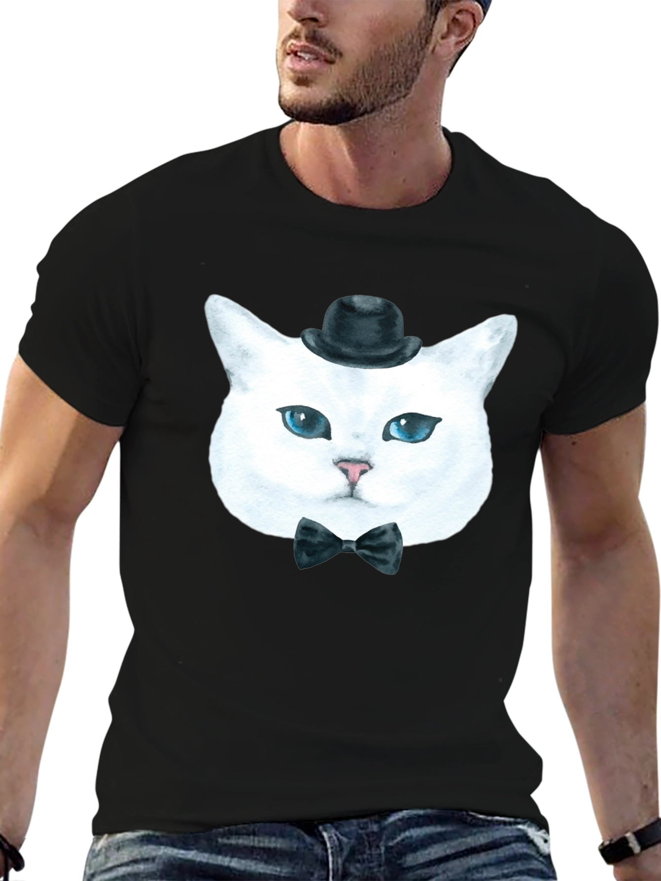 Black Dapper Cat T-Shirt: Classy Feline in Bow Tie & Hat view 6