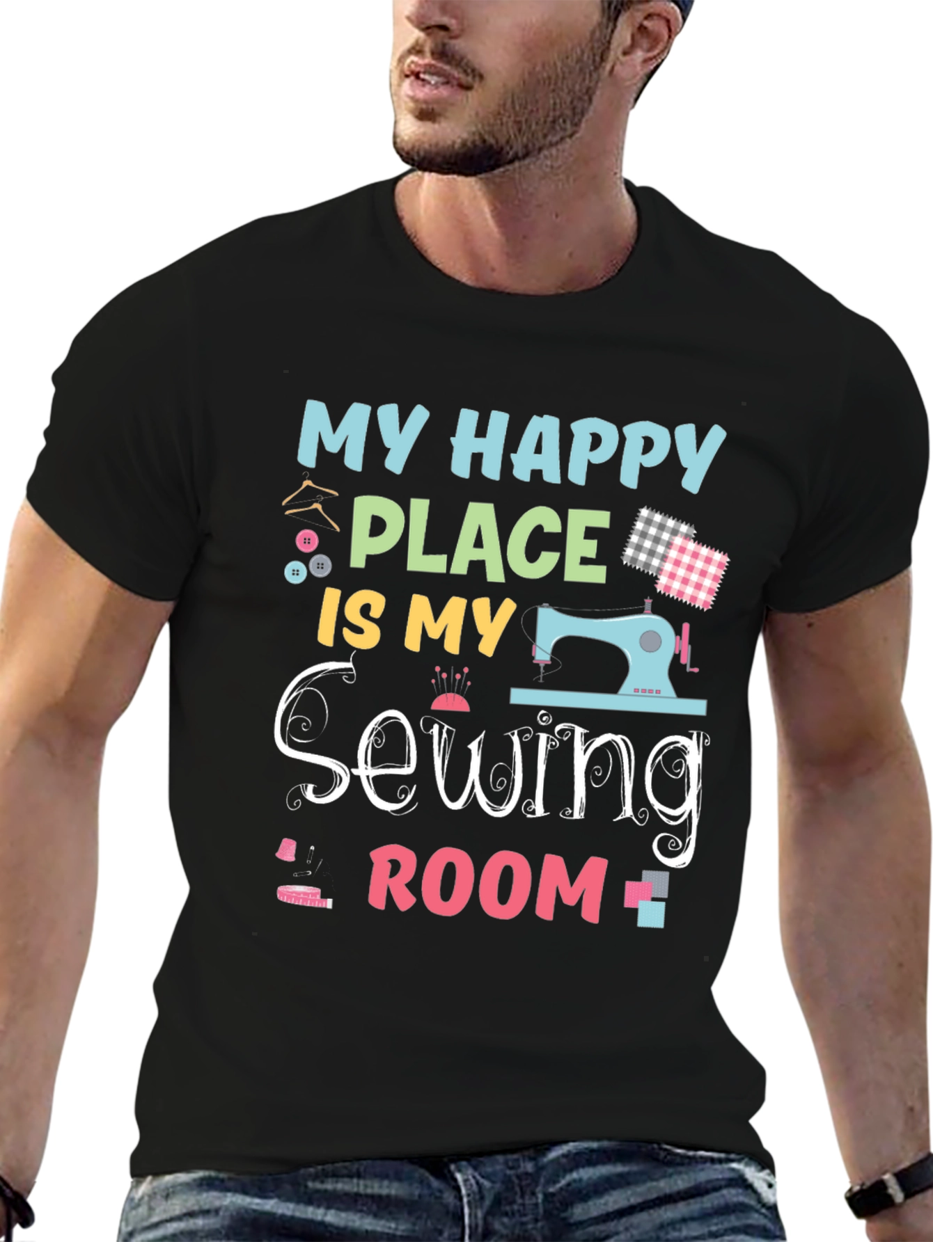 Black My Happy Place is My Sewing Room T-Shirt view 6