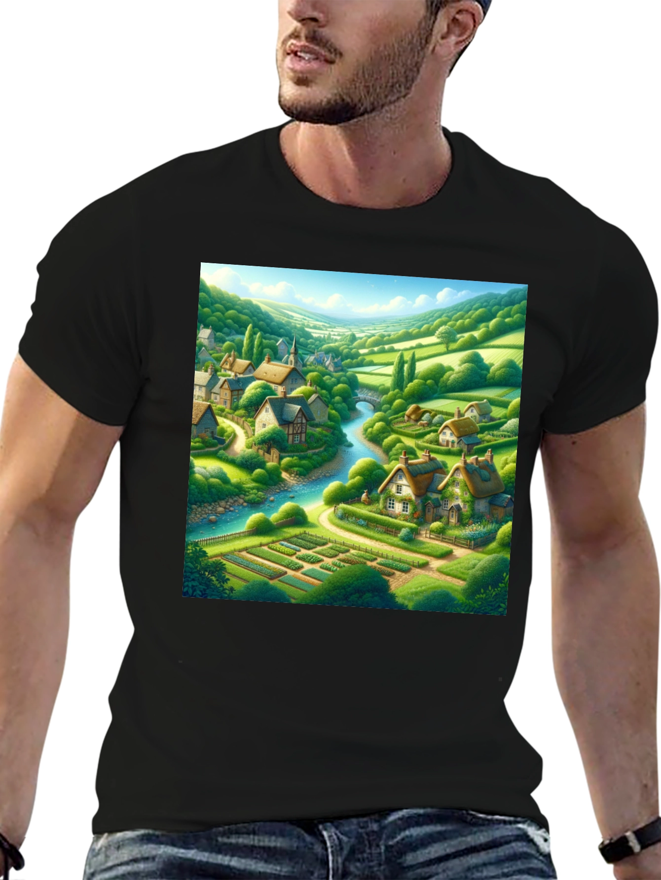 Black Quaint Village T-Shirt - Scenic Landscape Tee view 6