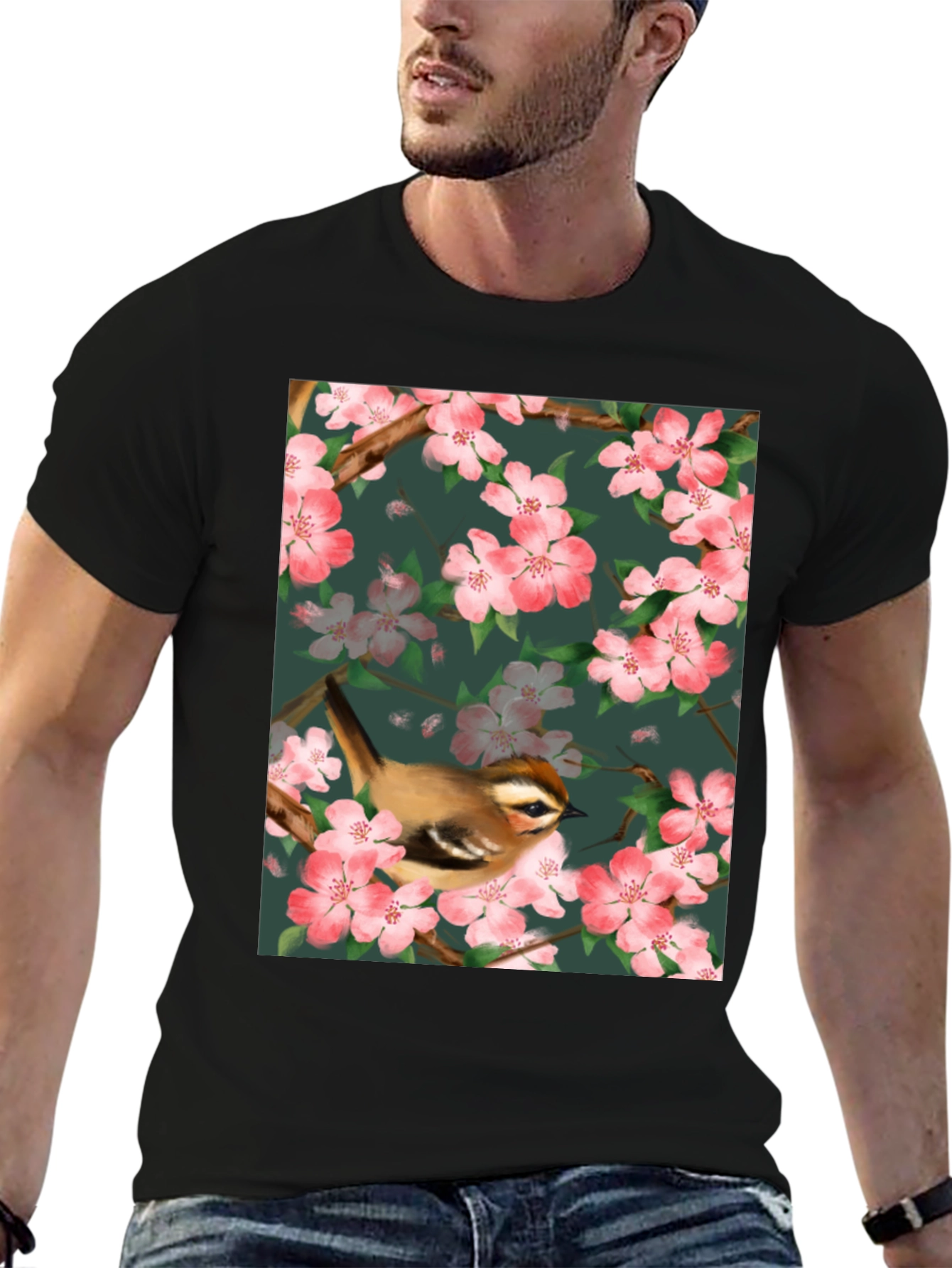 Black Bird & Blossom Graphic Tee - Nature Lover's Shirt view 6