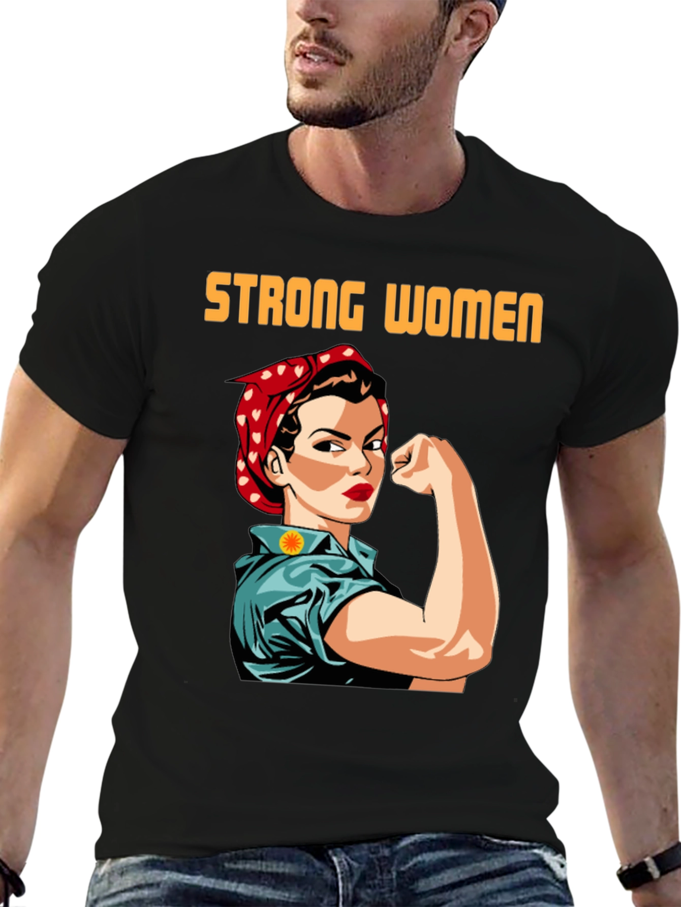 Black Strong Women T-Shirt, Empowering Rosie the Riveter Graphic Tee view 6