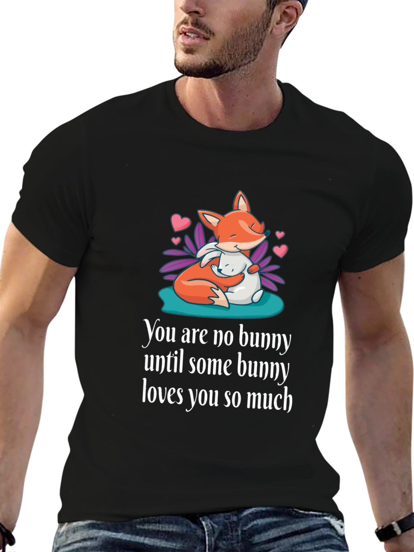 Black Cute Fox & Bunny Graphic T-Shirt - Unisex Soft Cotton Tee view 6