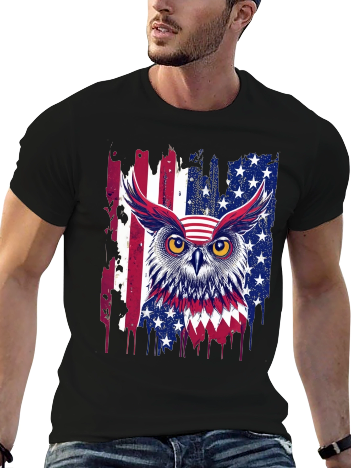 Black American Owl T-Shirt Patriotic USA Flag Tee view 6