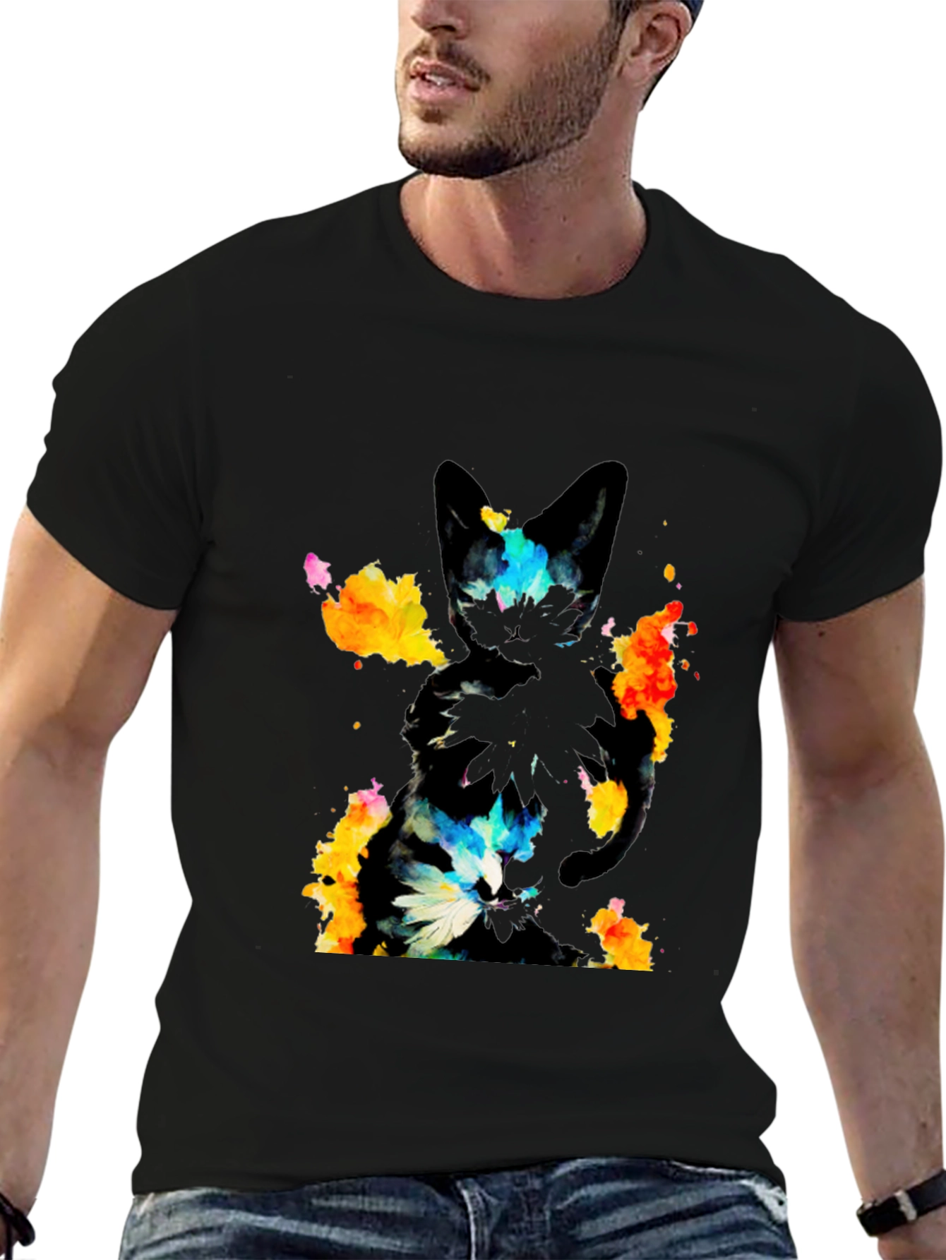 Black Abstract Cat Graphic Black T-Shirt view 6
