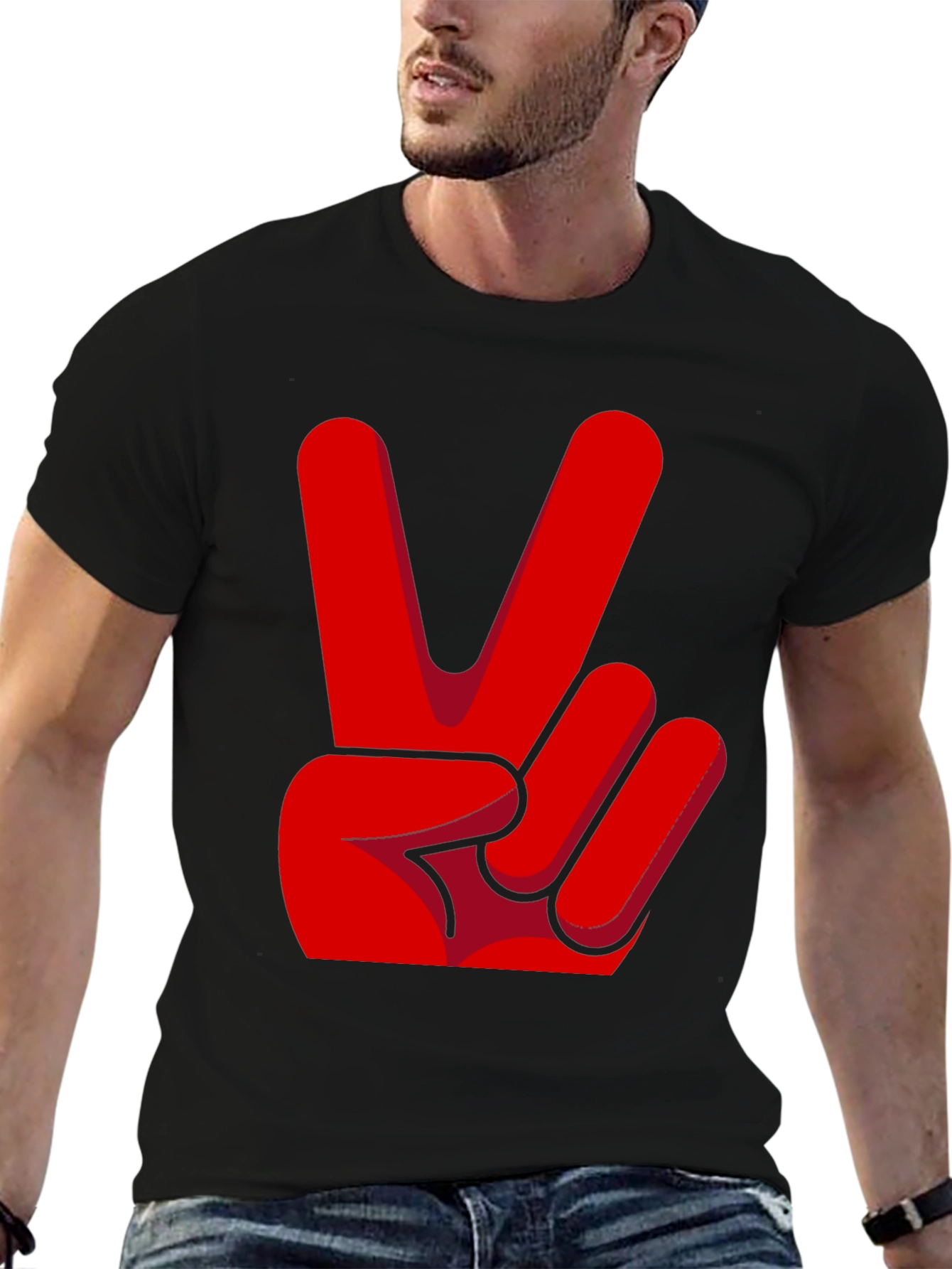 Black Peace Sign T-Shirt - Red Hand Gesture Design view 6
