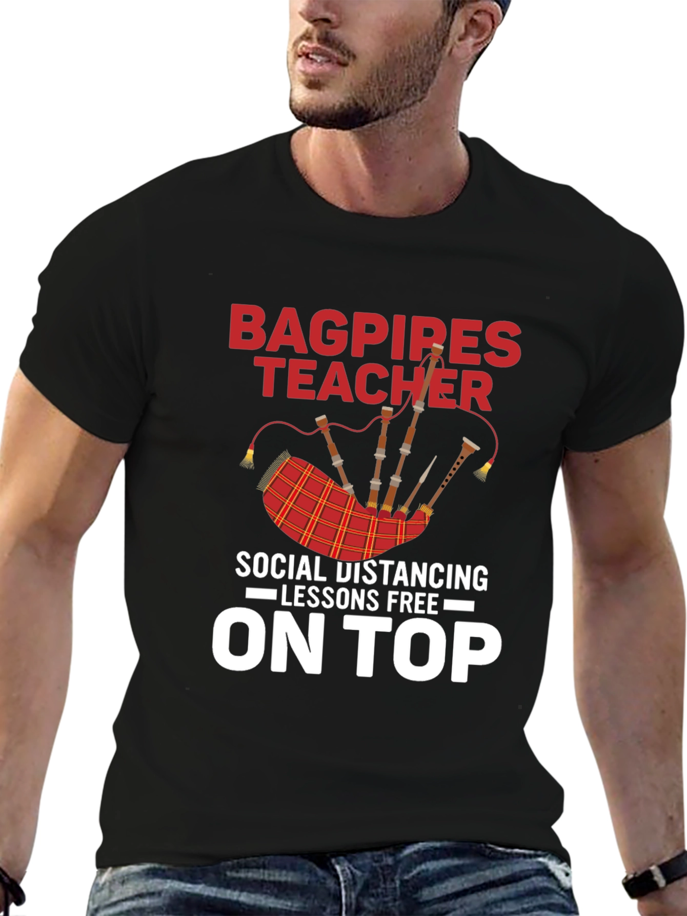 Black Bagpipes Teacher T-Shirt: Social Distancing Lessons view 6