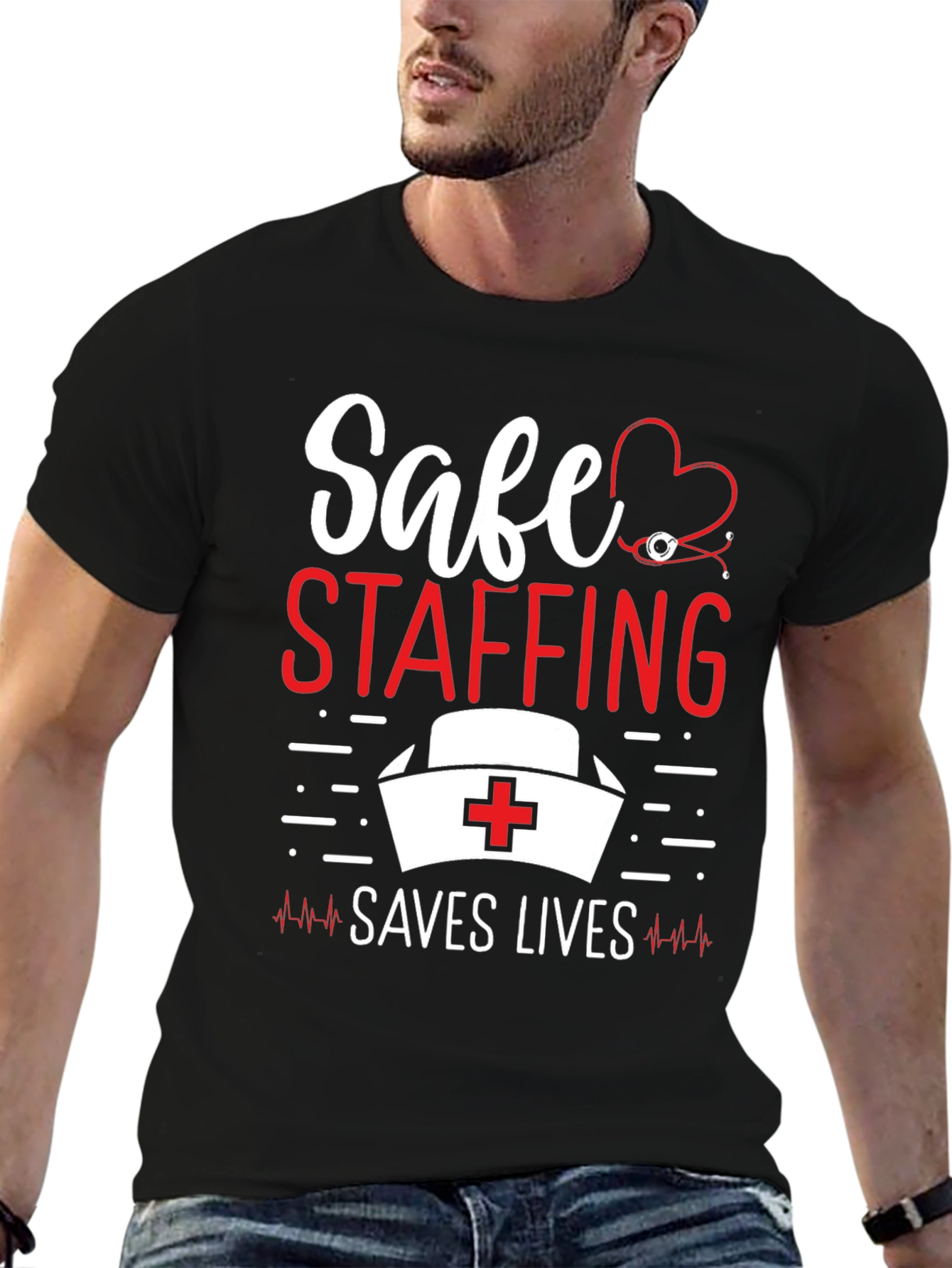 Black Safe Staffing Saves Lives Nurse T-Shirt view 6