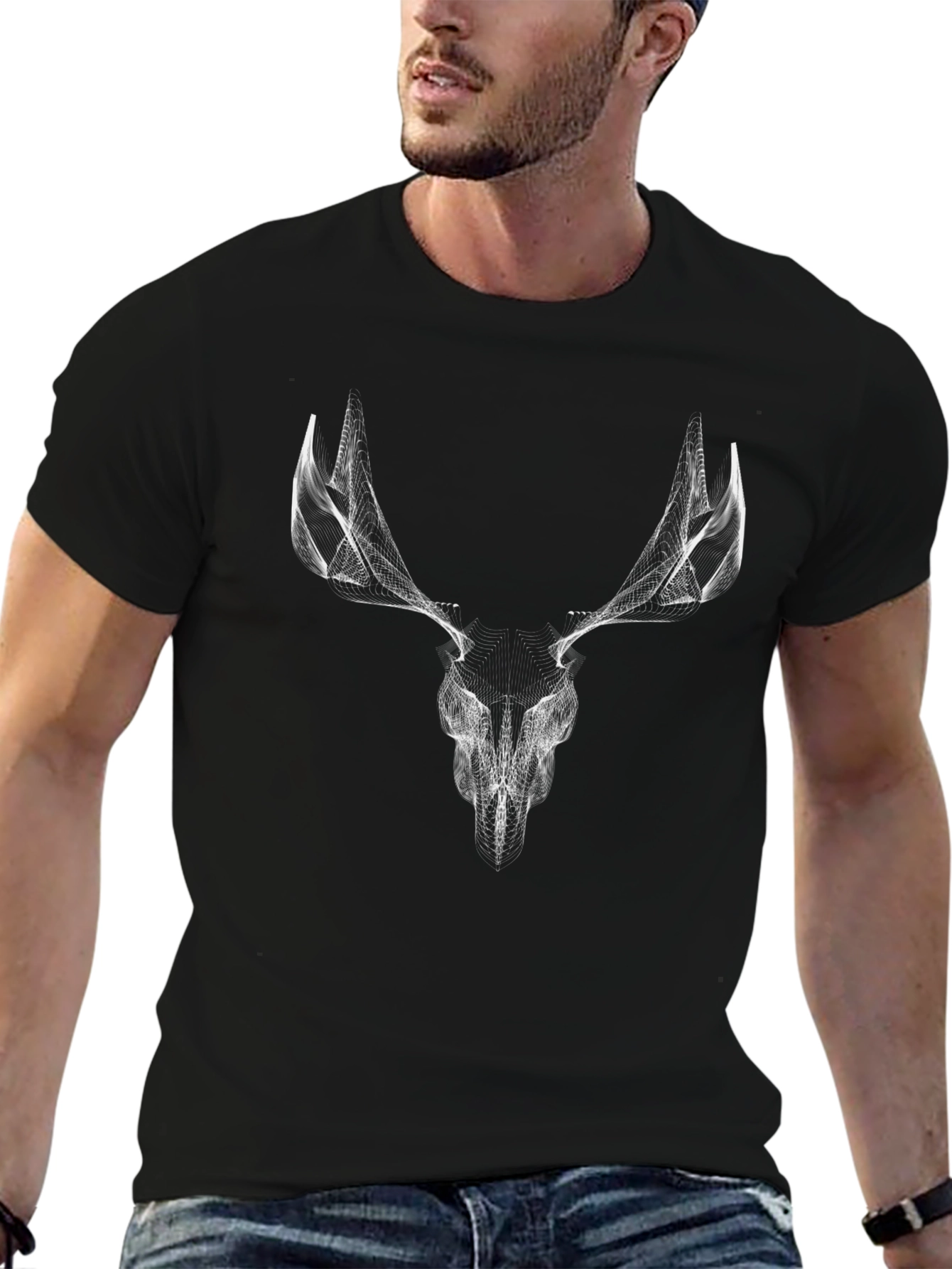 Black Abstract Deer Skull Graphic Tee - Black Cotton view 6