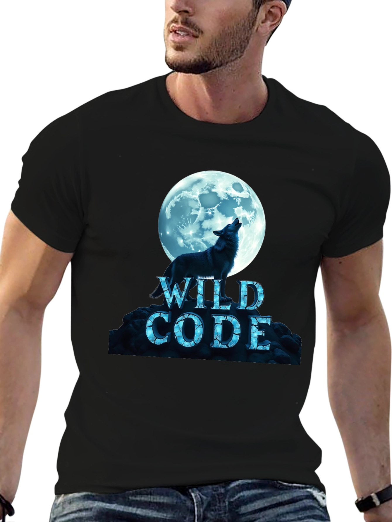 Black Wild Code Wolf Moon Black T-Shirt view 6