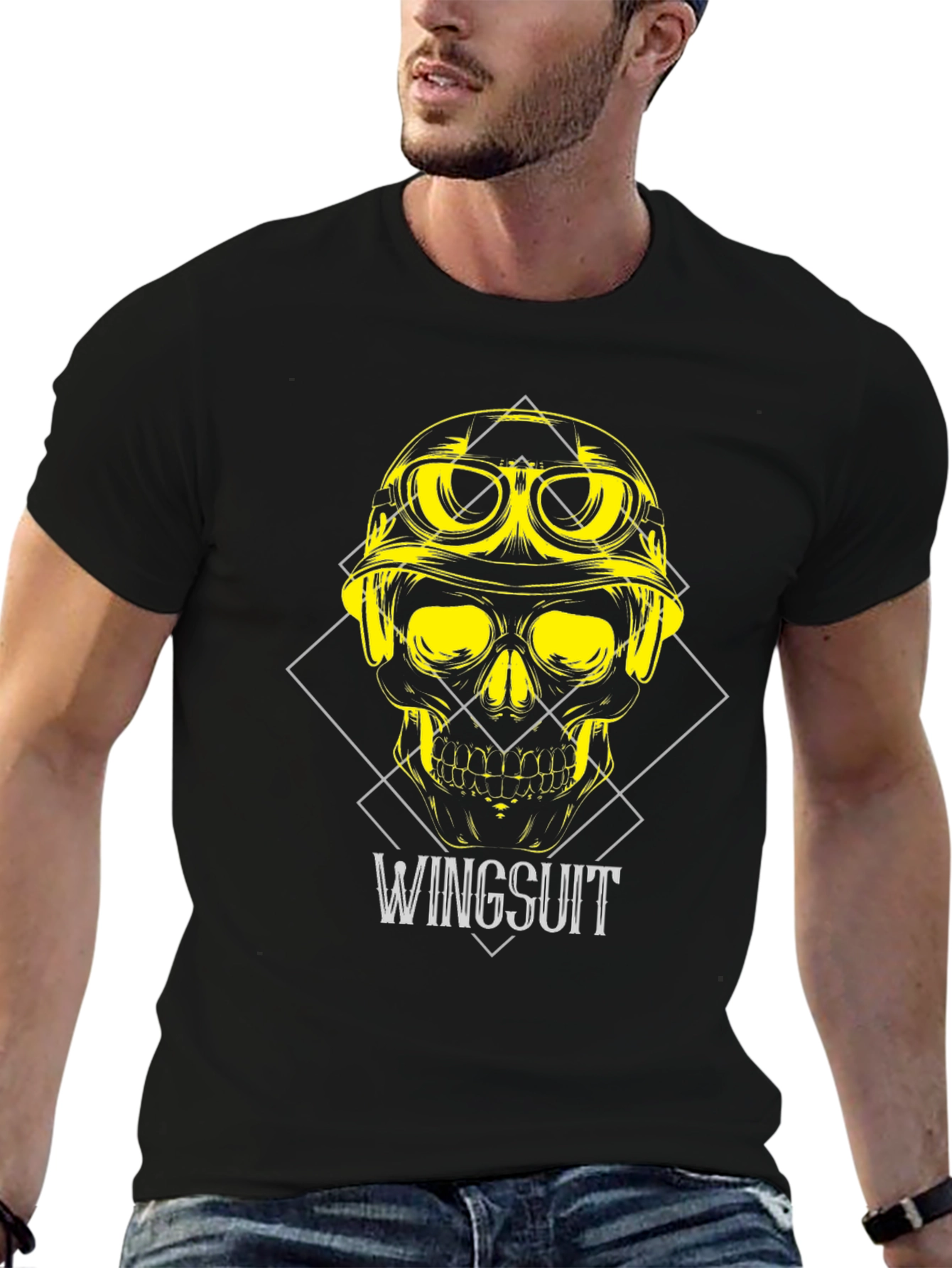 Black Wingsuit Skull Graphic Tee - Black Cotton T-Shirt view 6