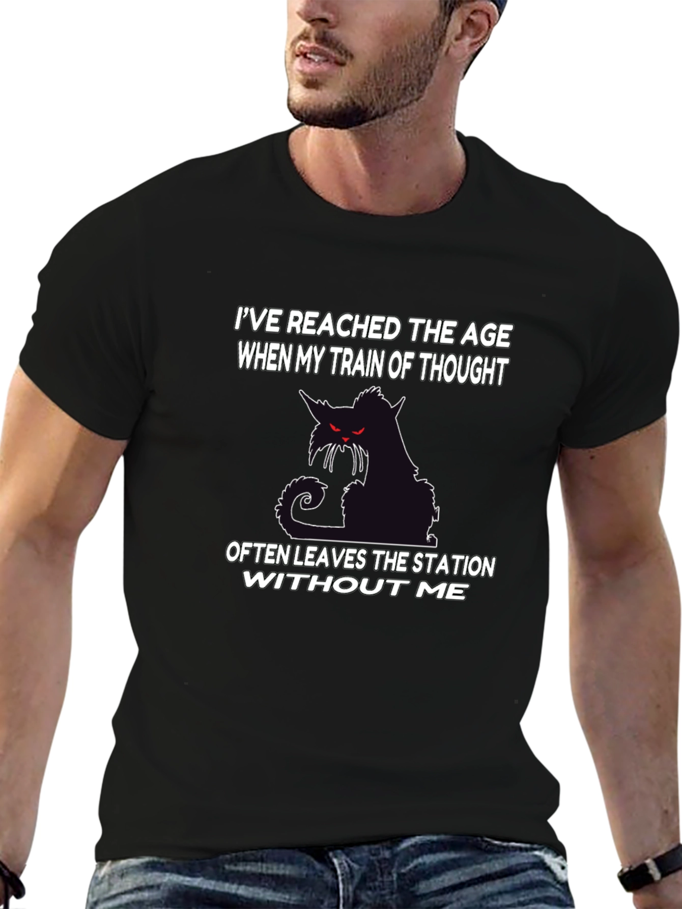 Black Funny Cat T-Shirt: Train of Thought view 6