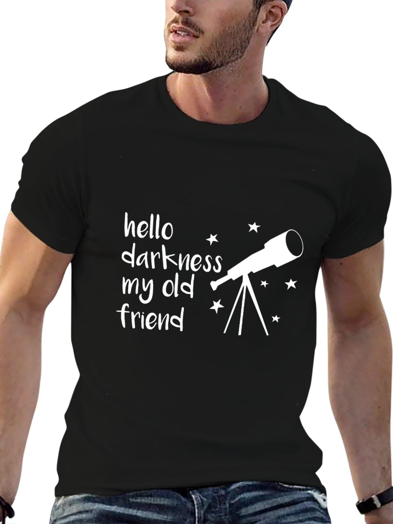 Black Hello Darkness My Old Friend Telescope Black T-Shirt view 6