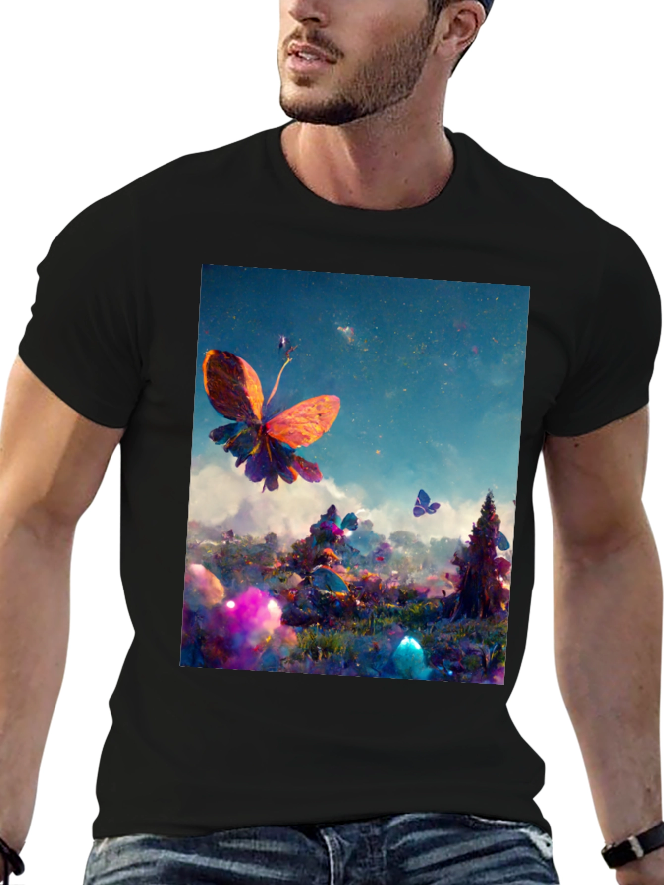 Black Butterfly Fantasy Graphic Tee - Black Cotton Blend view 6