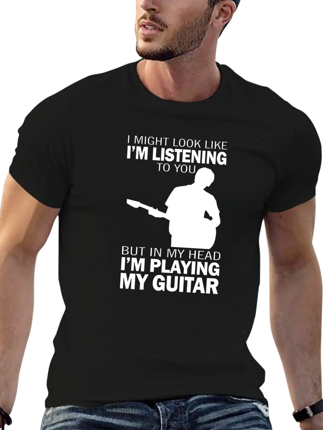 Black Guitar Player T-Shirt: "I'm Playing My Guitar" Design view 6